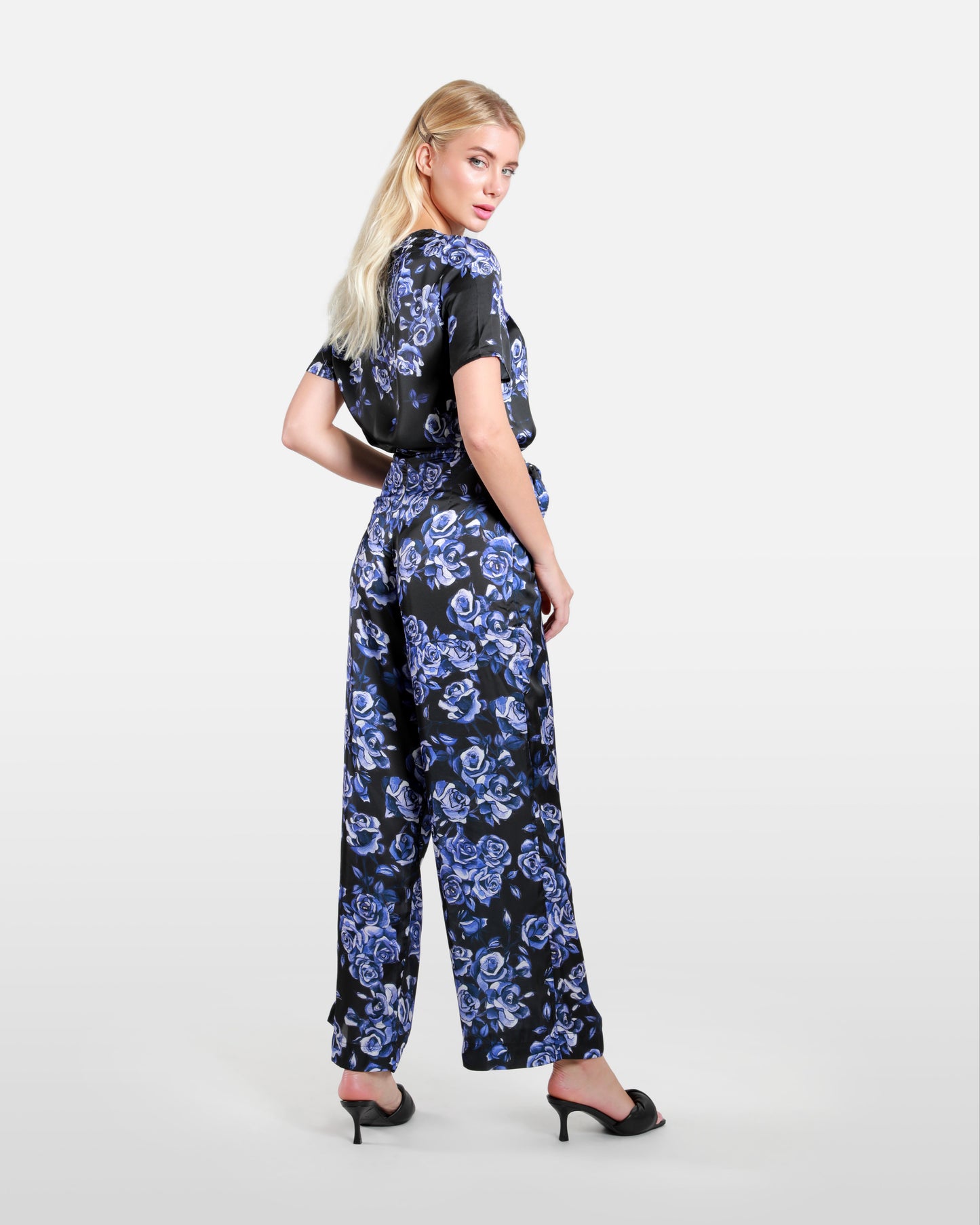 Rose Floral Print Wide Leg Pants