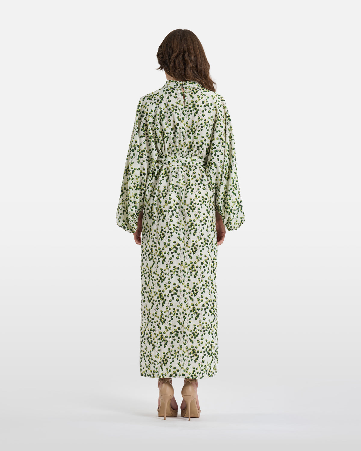 Green Leaf Print Belted Maxi Dress
