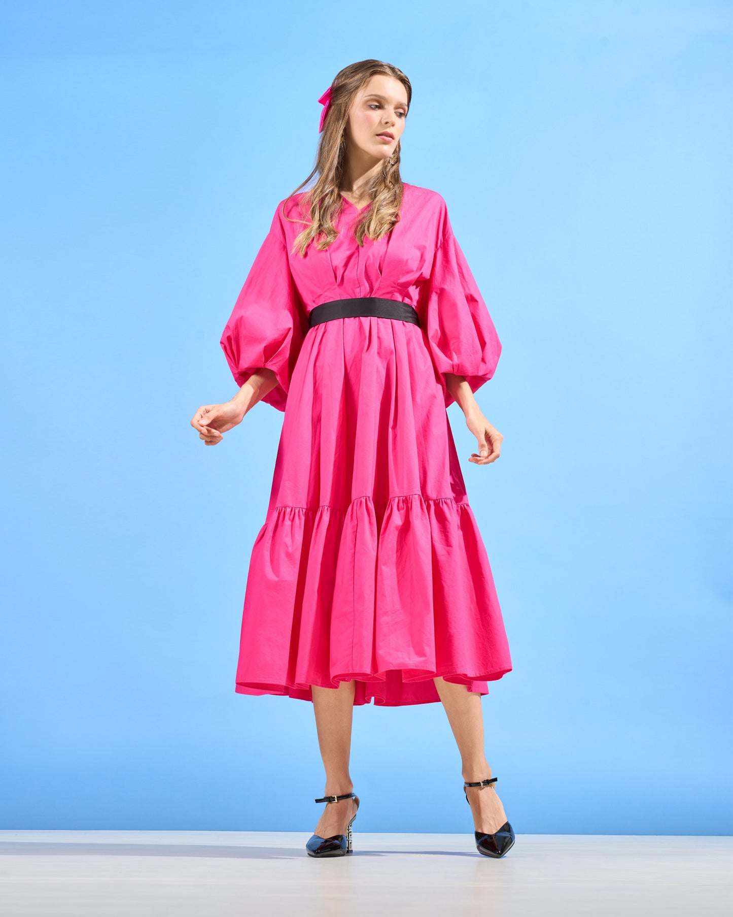 Balloon Sleeve Tiered Midi Dress