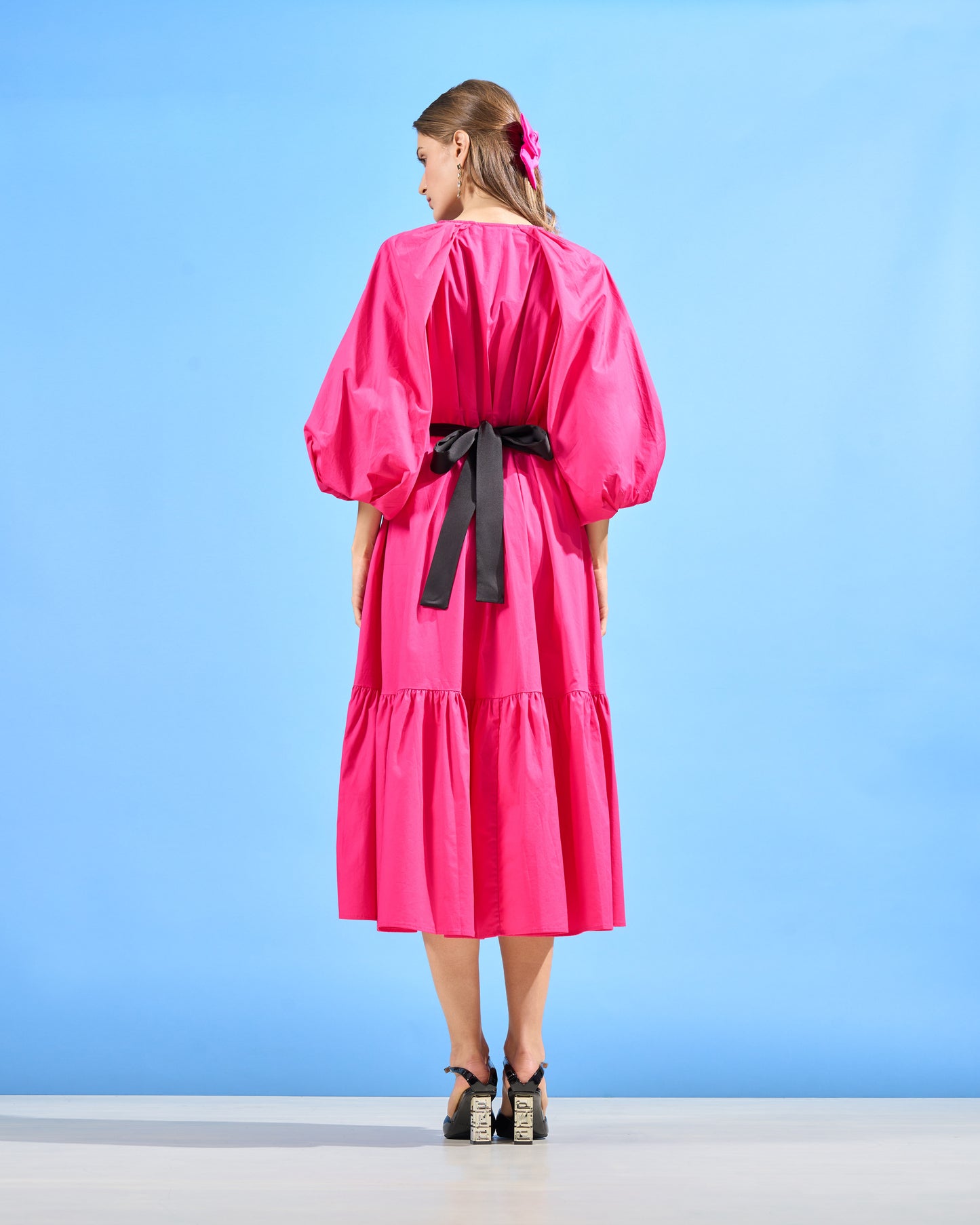 Balloon Sleeve Tiered Midi Dress