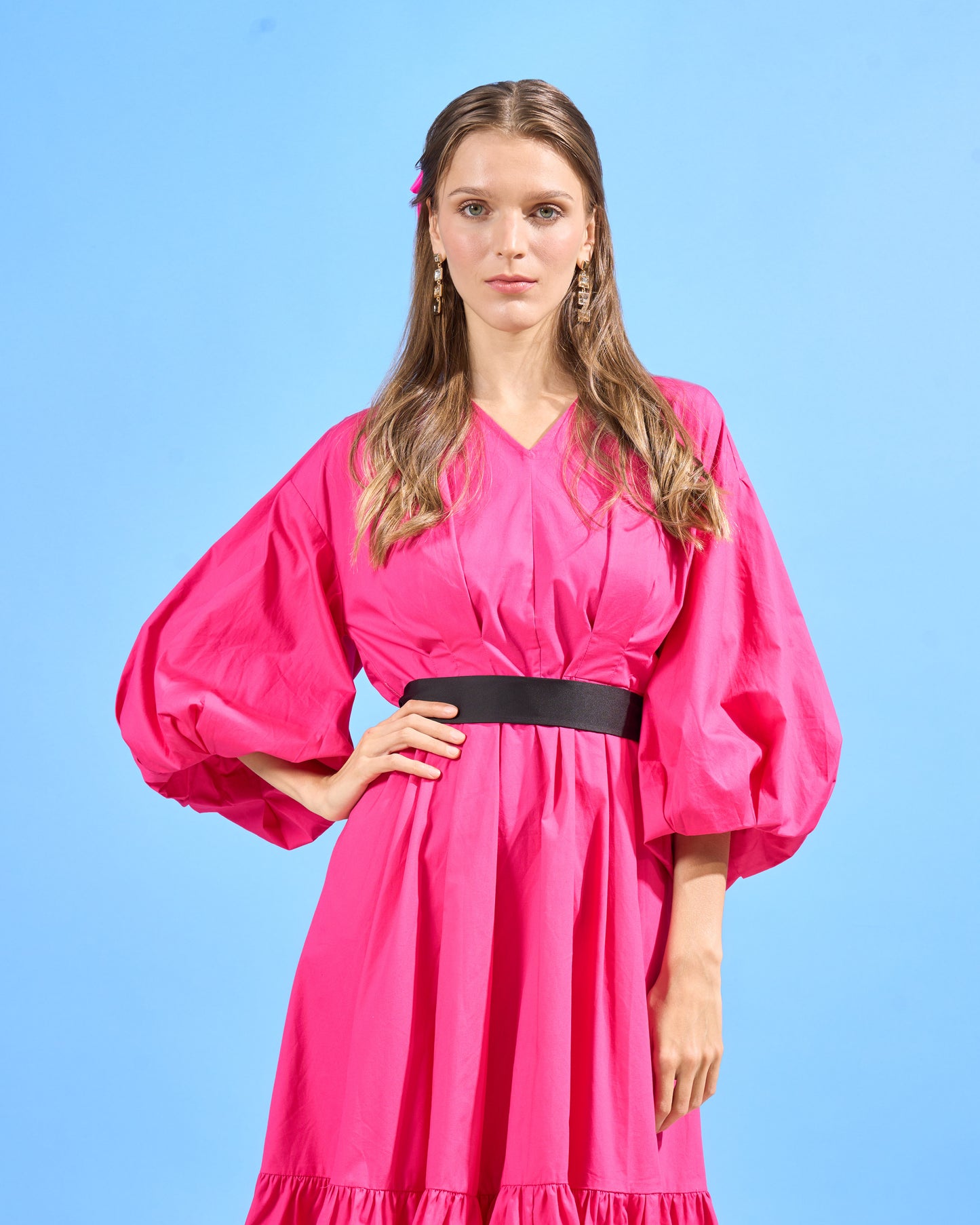 Balloon Sleeve Tiered Midi Dress