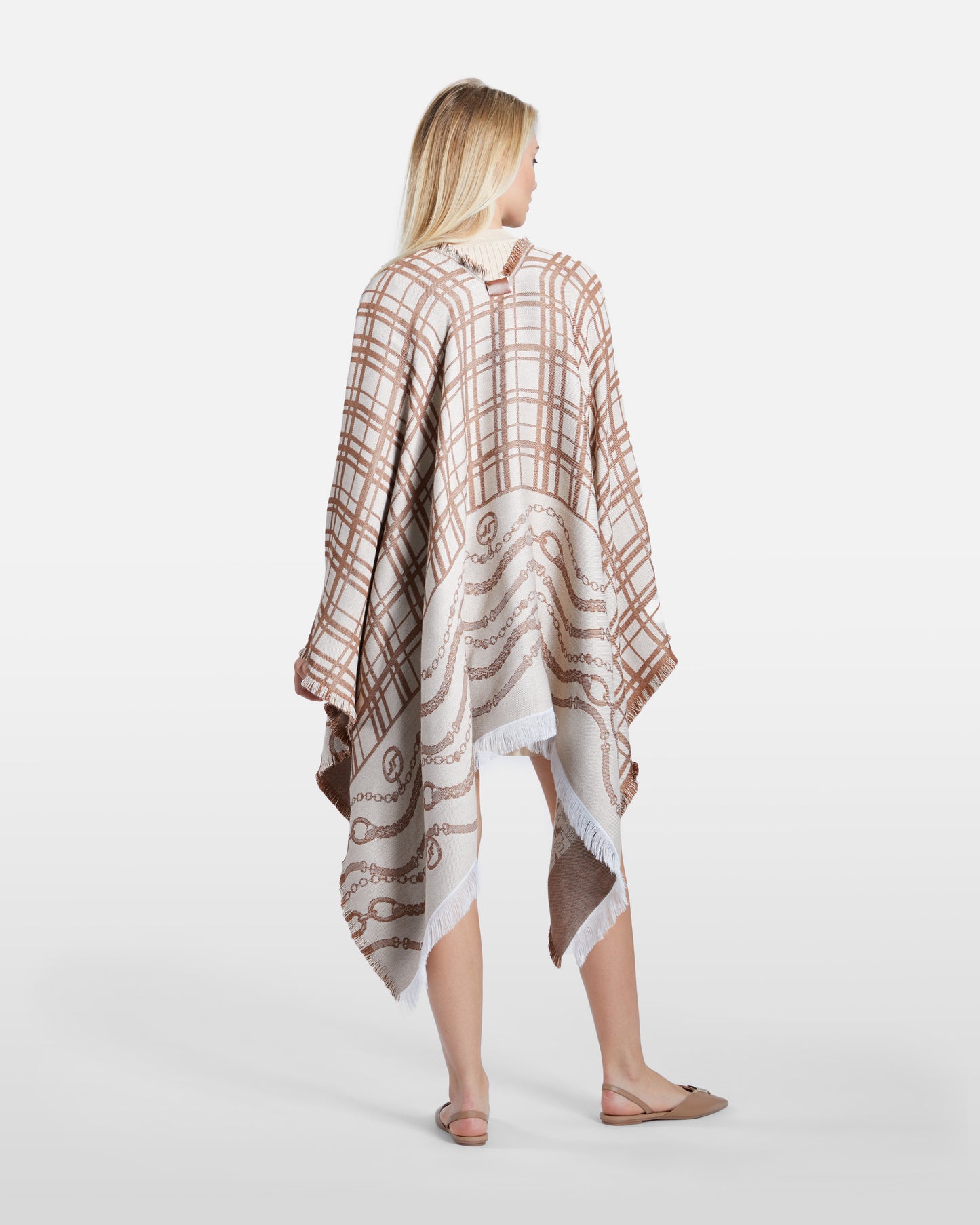 Fringed Check Patterned Poncho