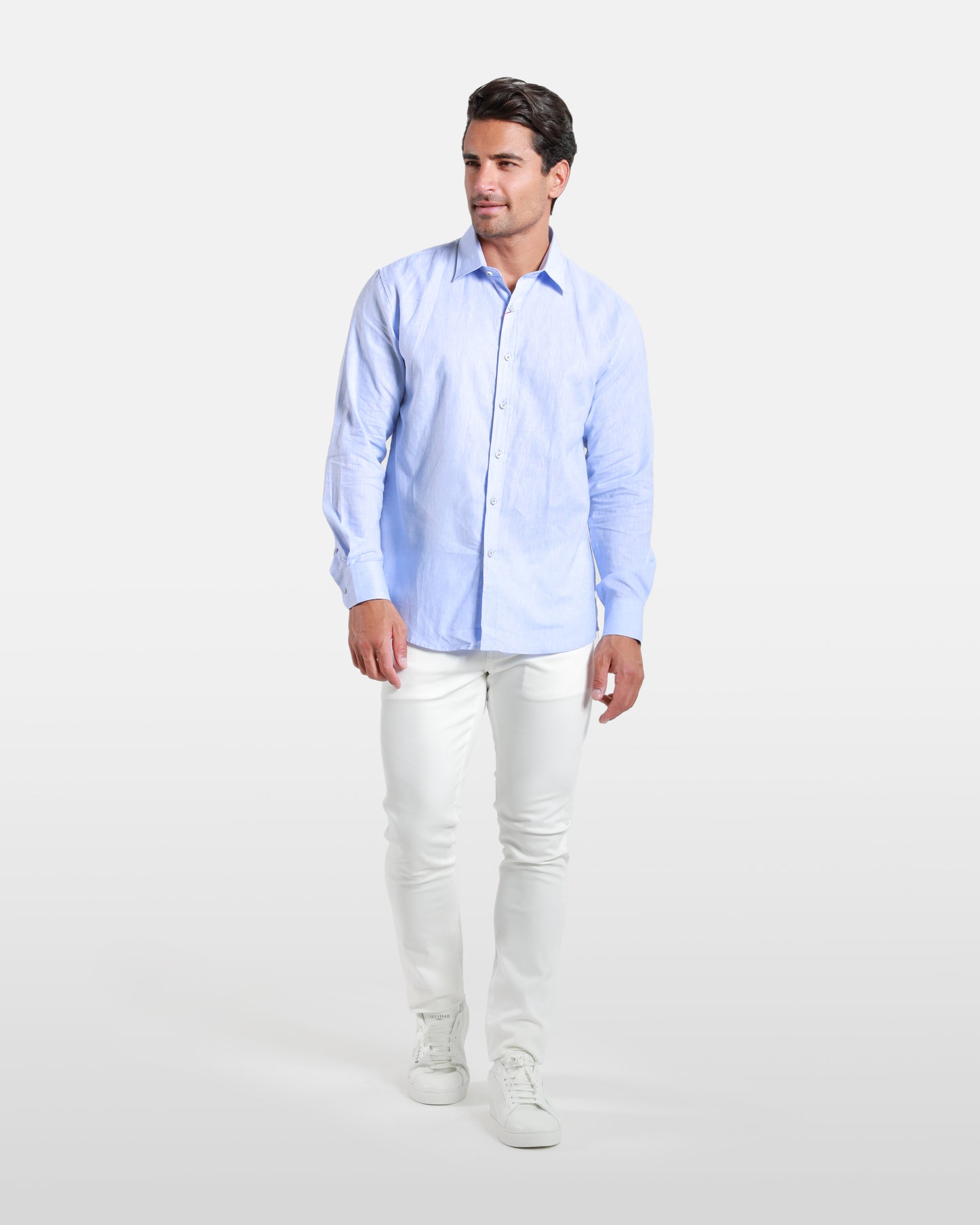 Blue Linen-Blend Long Sleeved Shirt