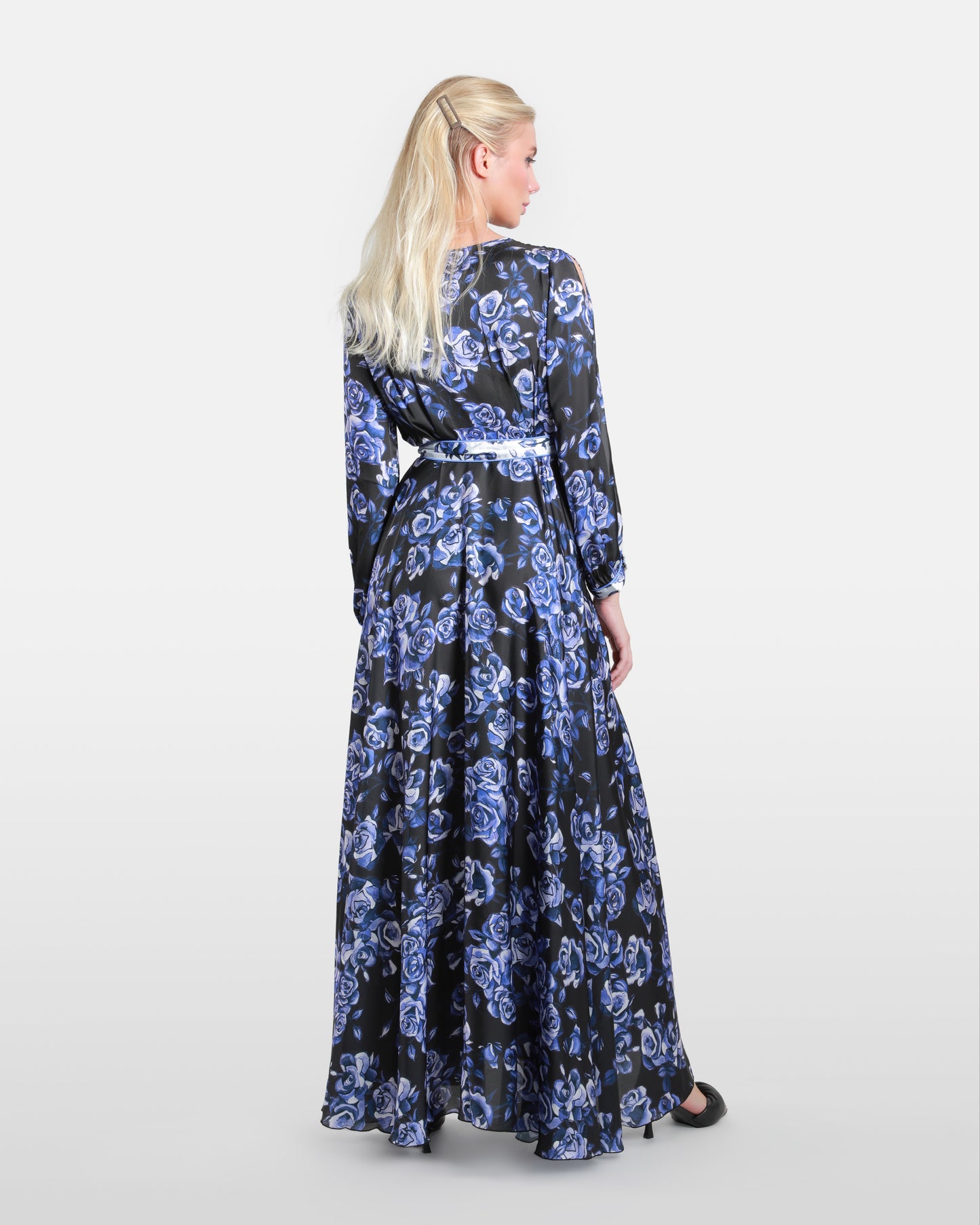 Rose Floral Print Belted Maxi Dress