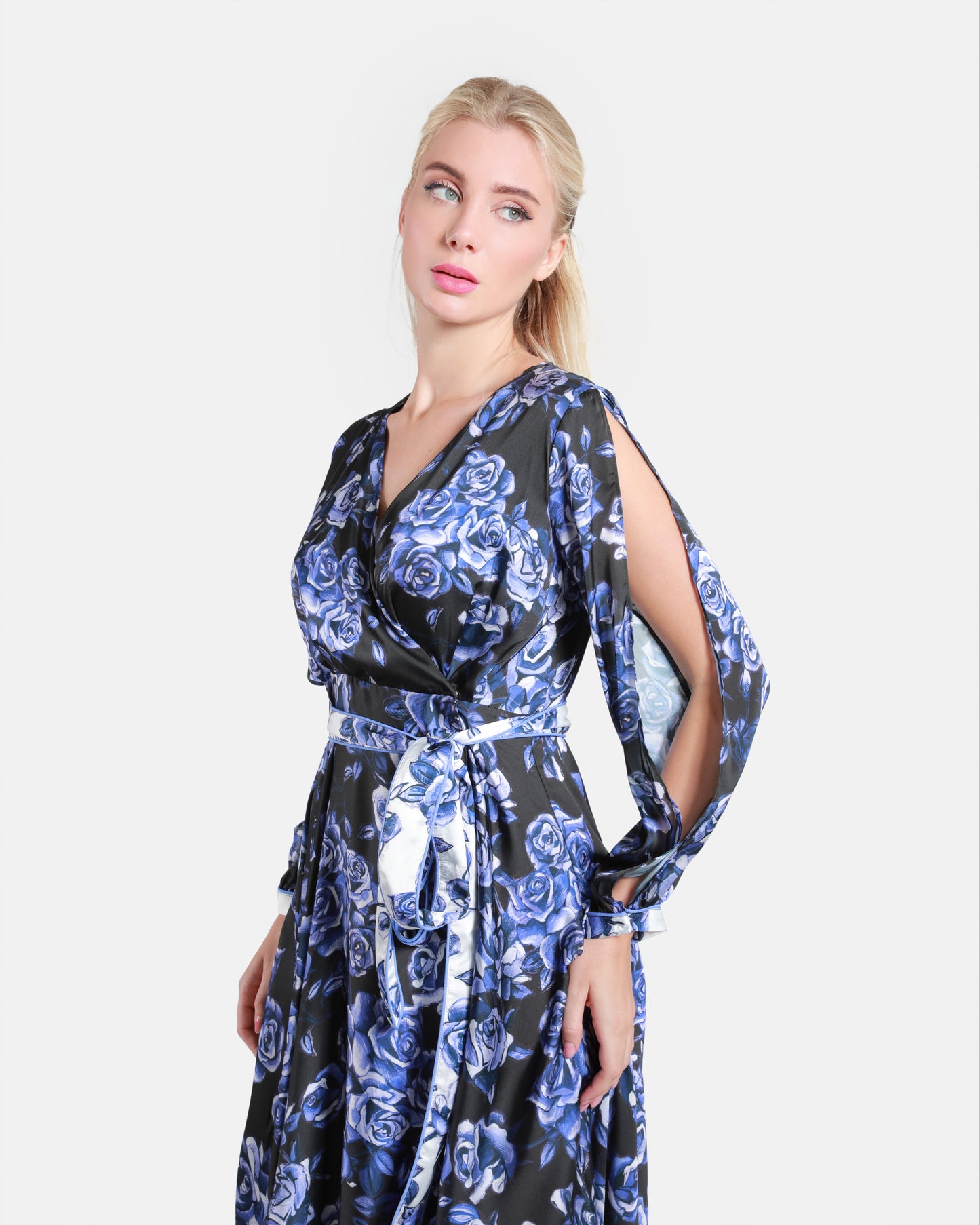 Rose Floral Print Belted Maxi Dress