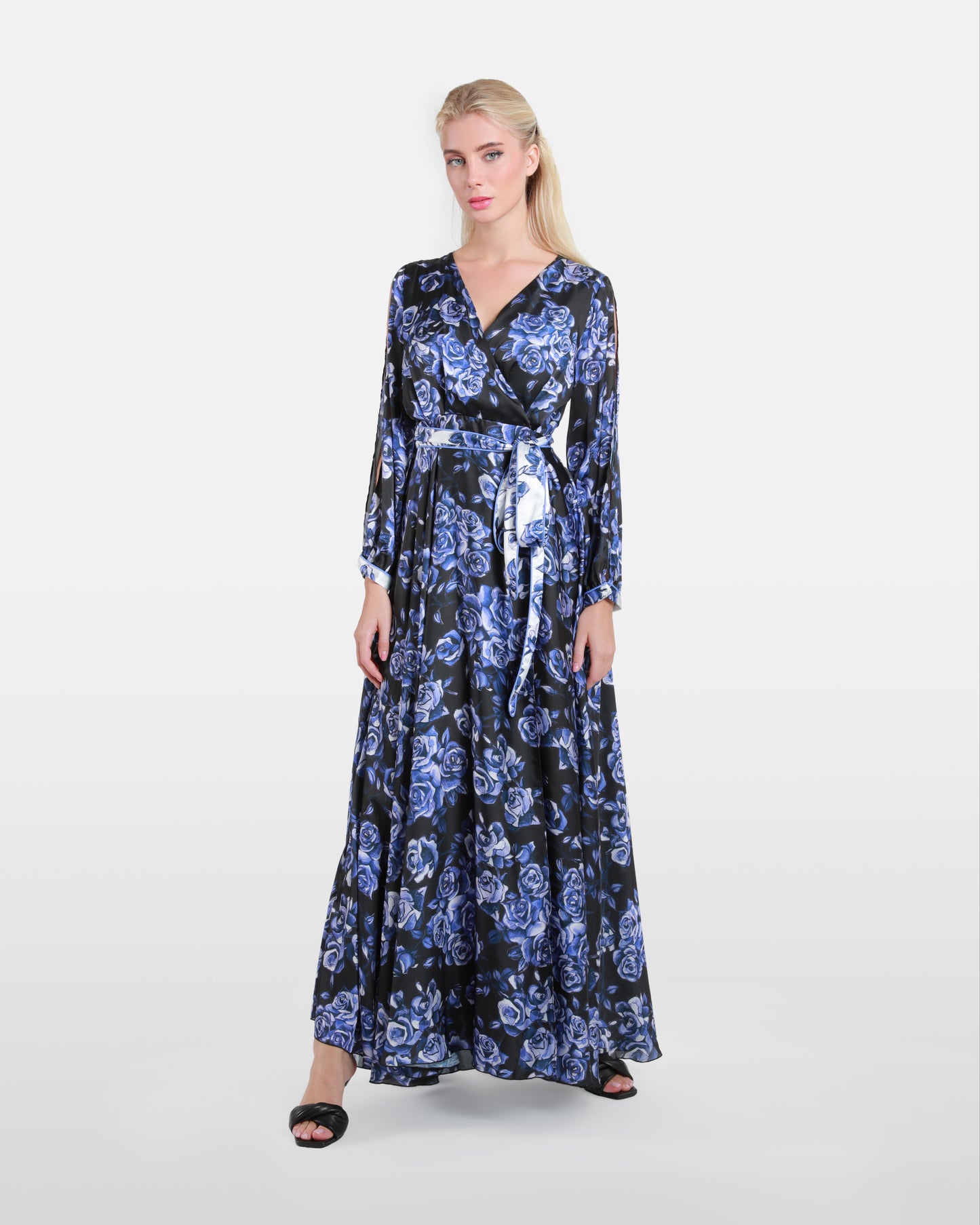 Rose Floral Print Belted Maxi Dress