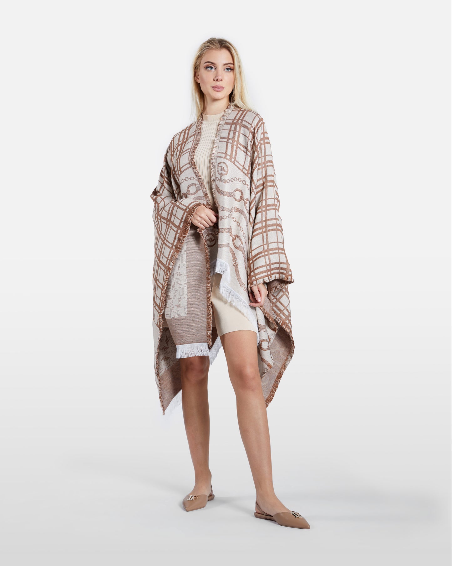 Fringed Check Patterned Poncho