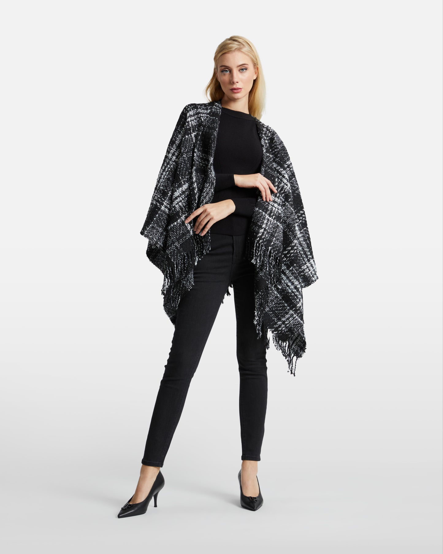 Monochrome Tweed-Like Poncho