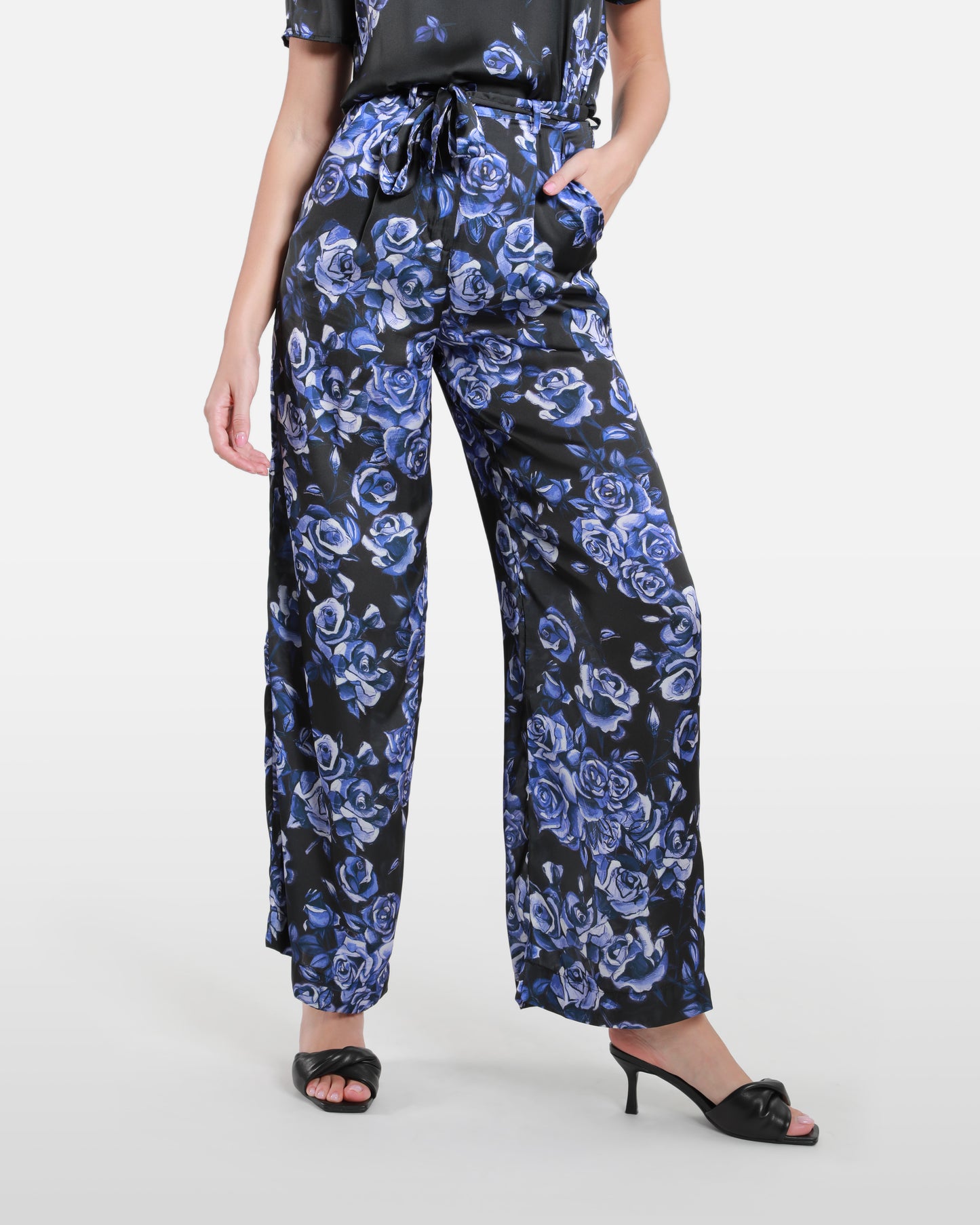 Rose Floral Print Wide Leg Pants