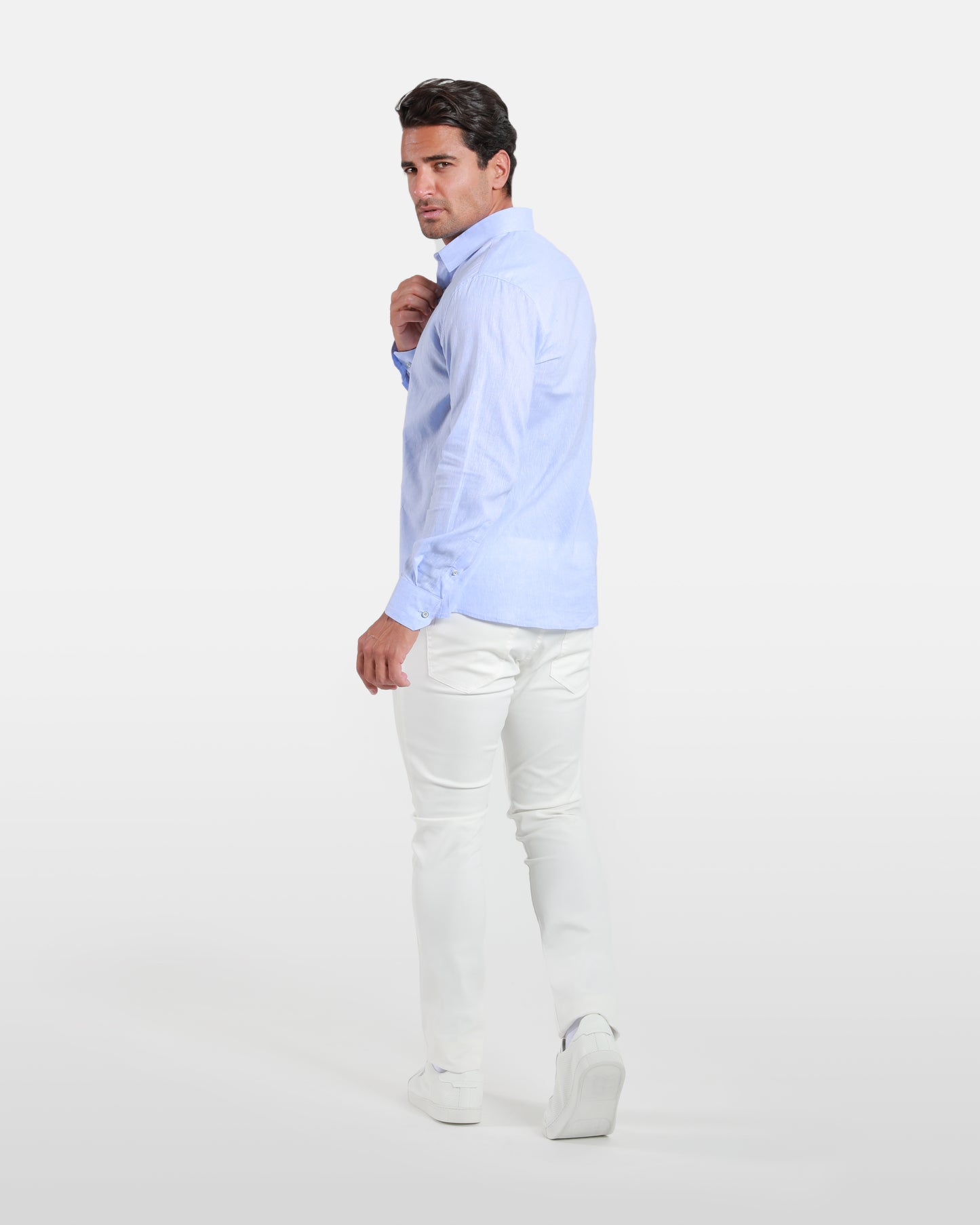 Blue Linen-Blend Long Sleeved Shirt