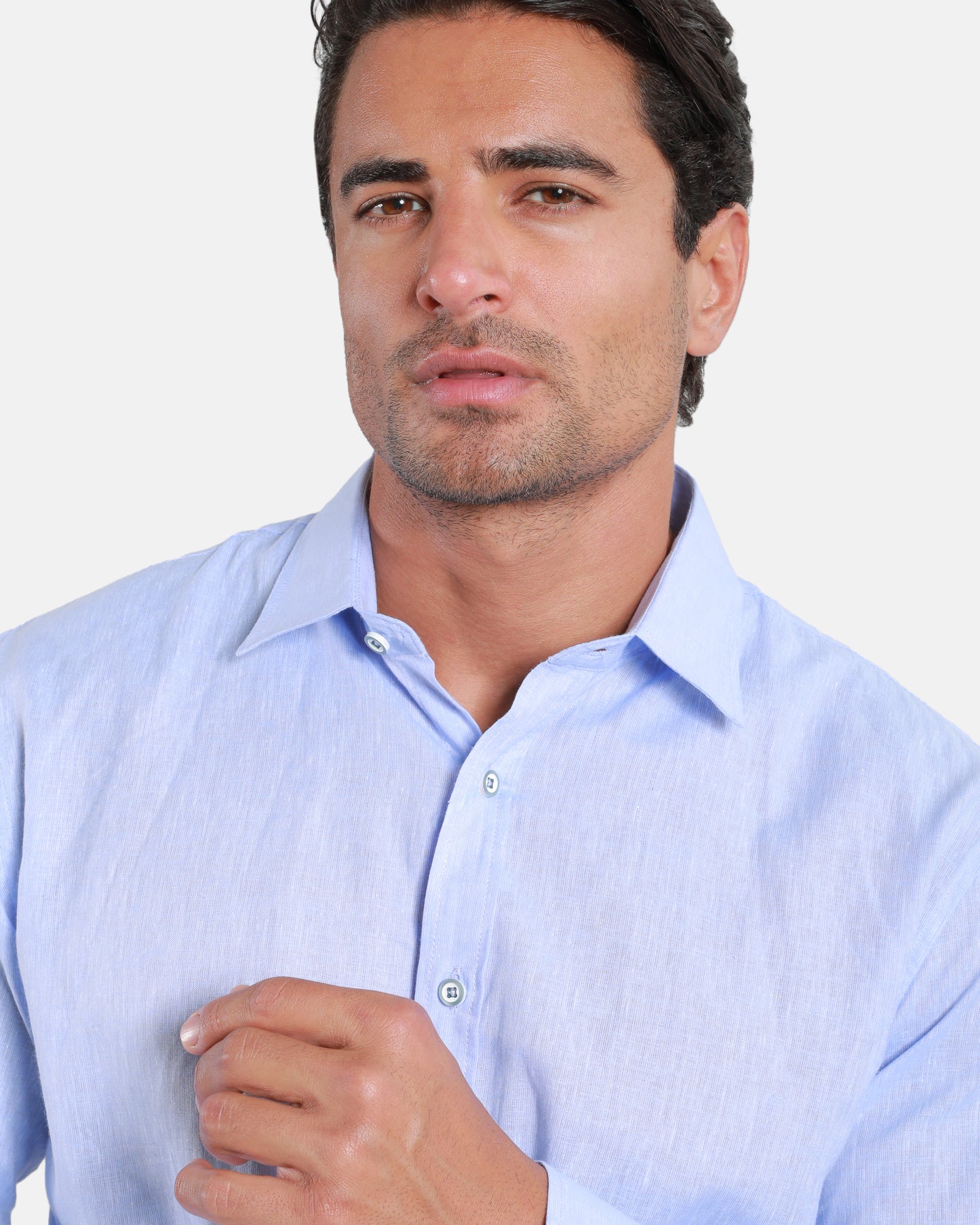 Blue Linen-Blend Long Sleeved Shirt