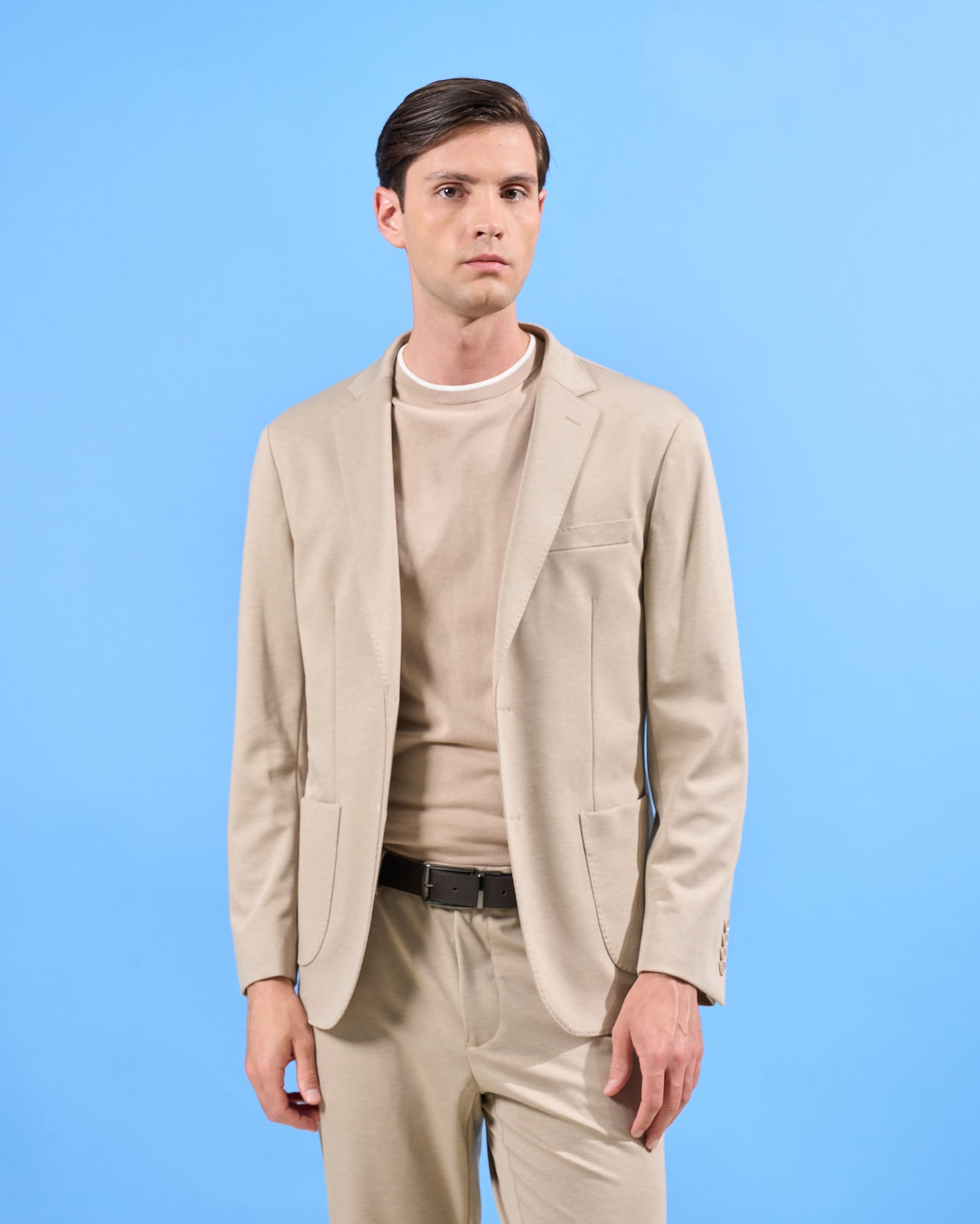 Beige Slim-Fit Knitted Suit