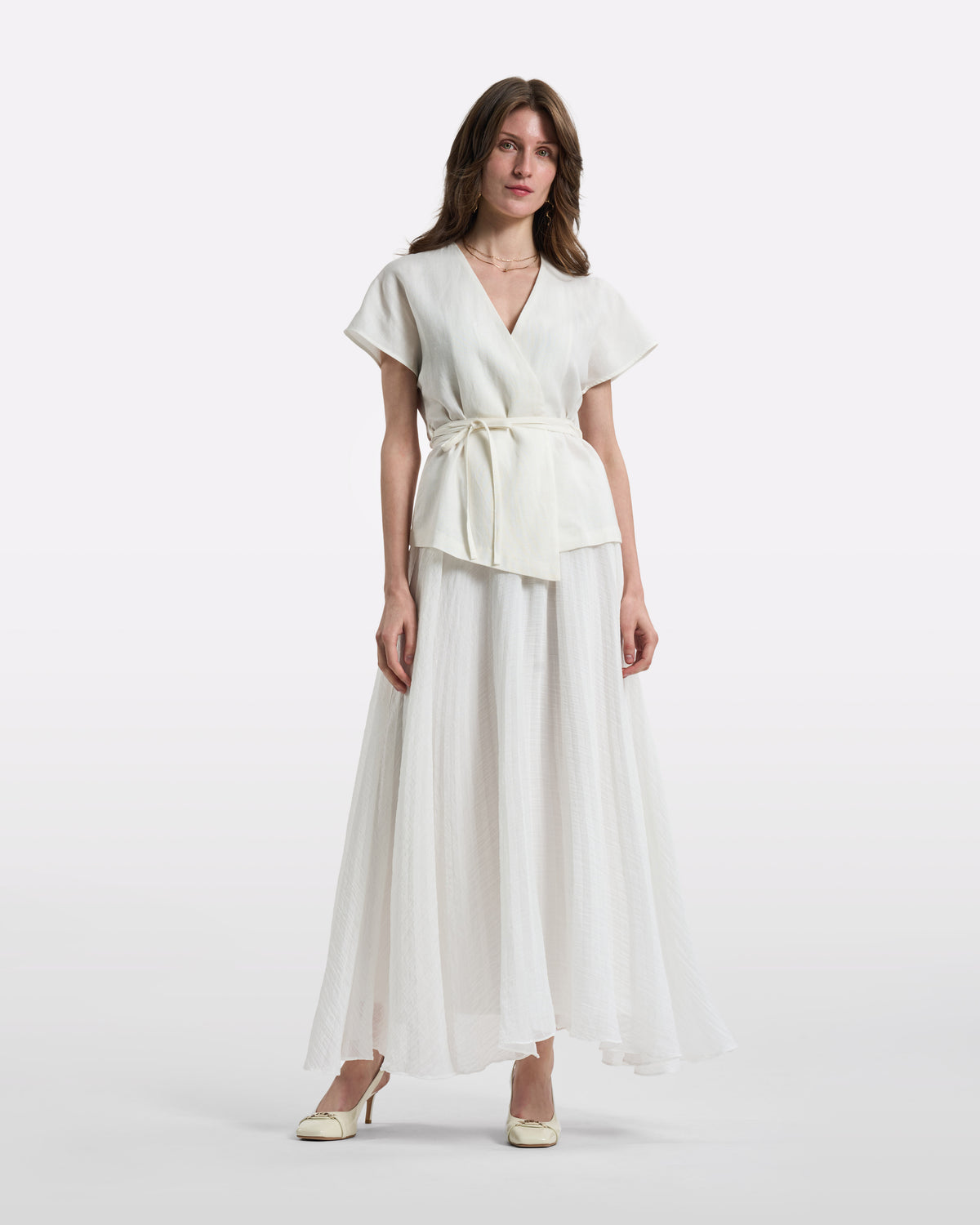 Ivory Wrap Top and Pleated Maxi Skirt Set