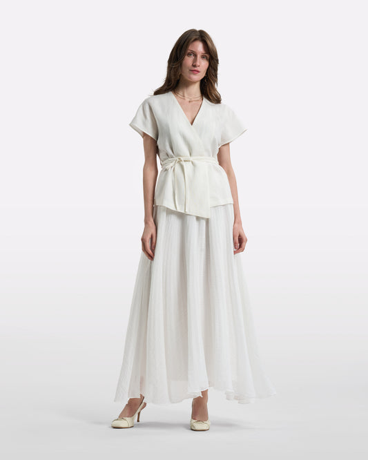 Ivory Wrap Top and Pleated Maxi Skirt Set