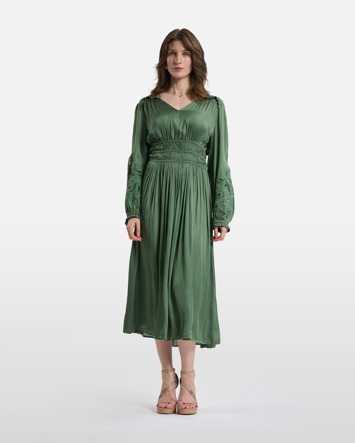 Olive Green Smocked Lace-Detail Midi Dress