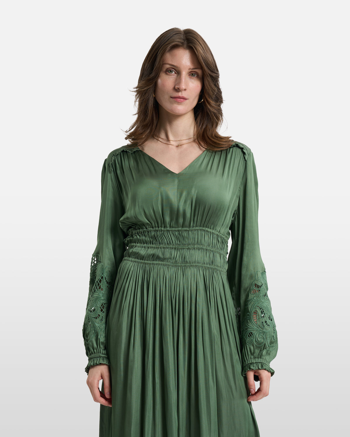 Olive Green Smocked Lace-Detail Midi Dress
