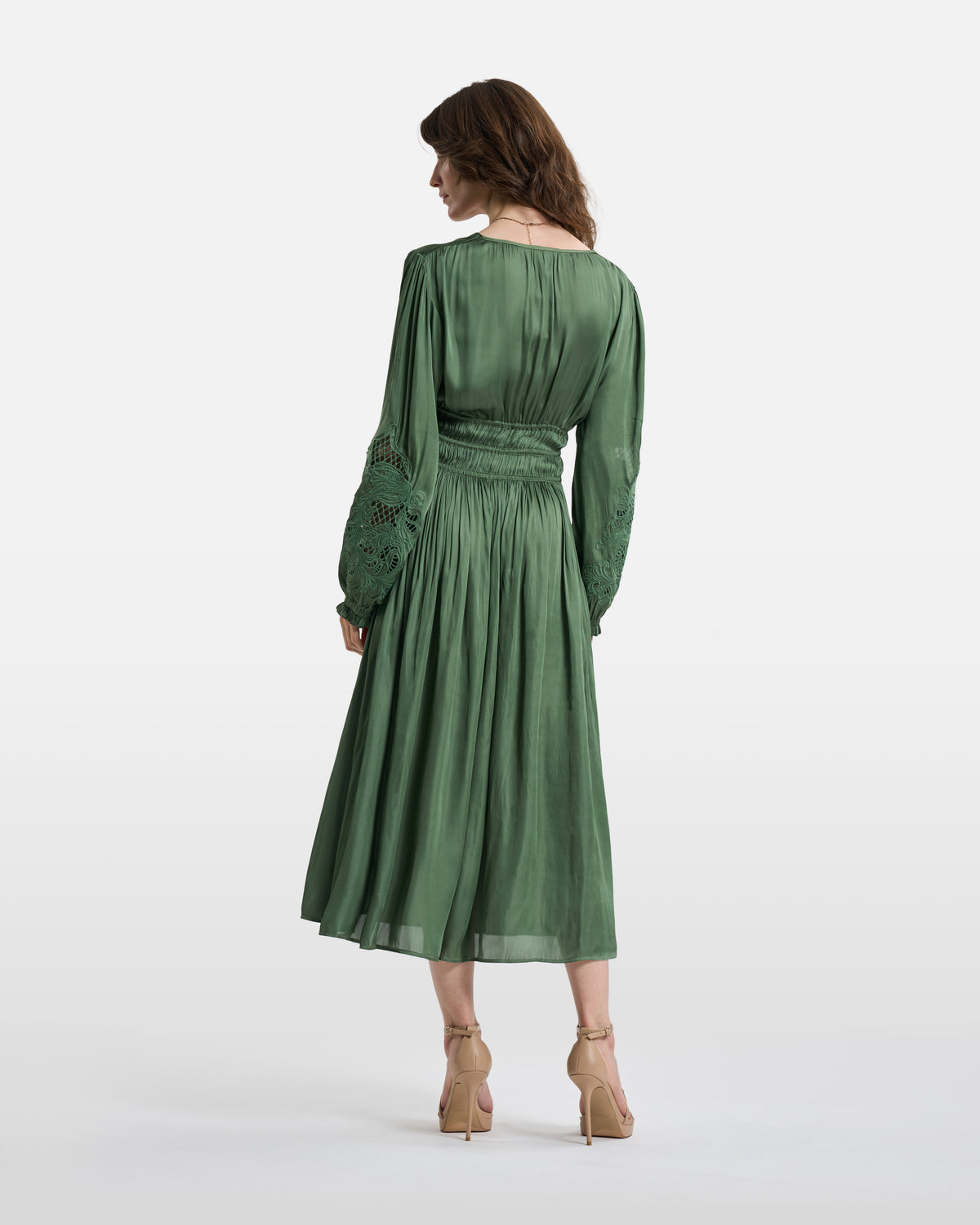 Olive Green Smocked Lace-Detail Midi Dress