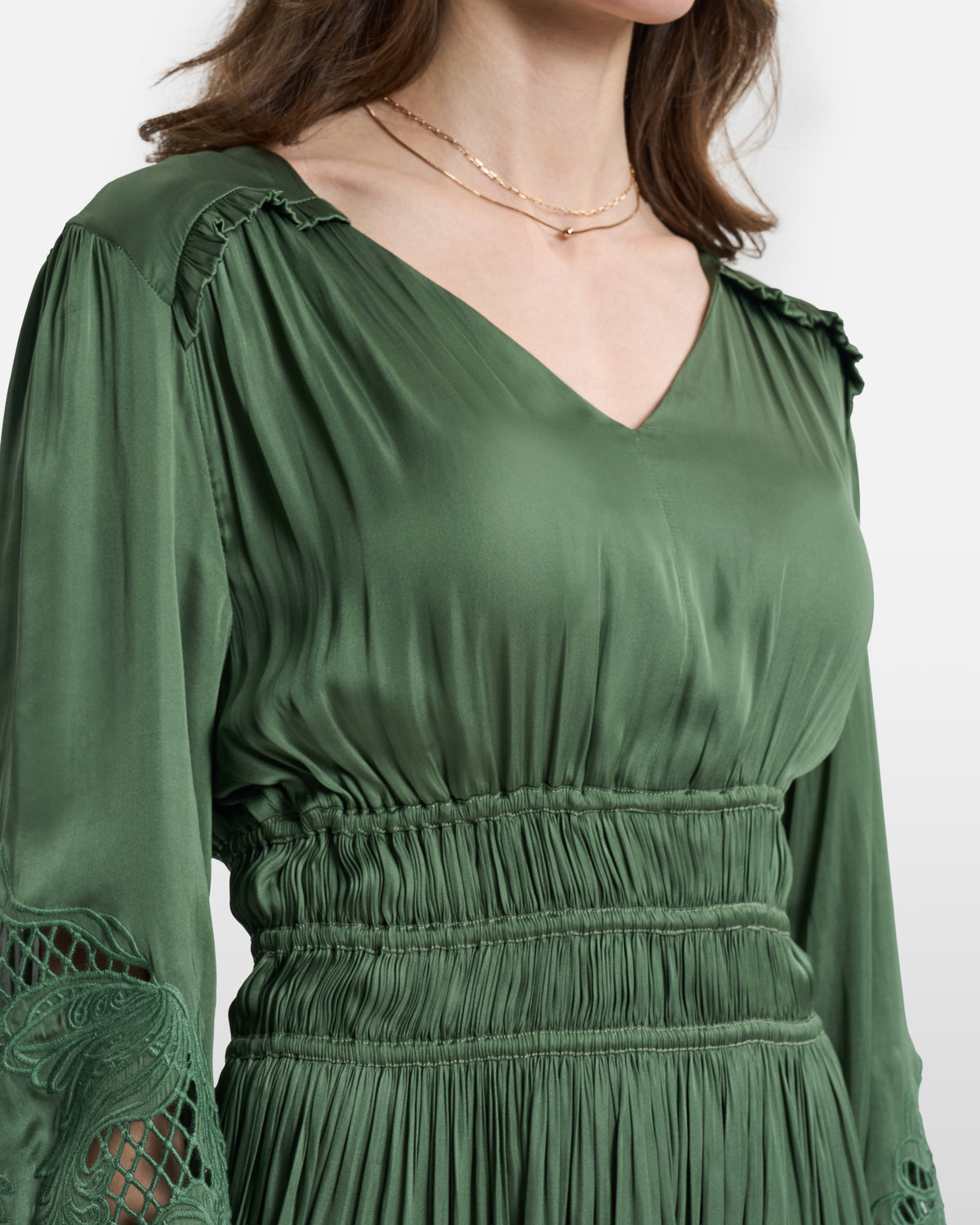 Olive Green Smocked Lace-Detail Midi Dress
