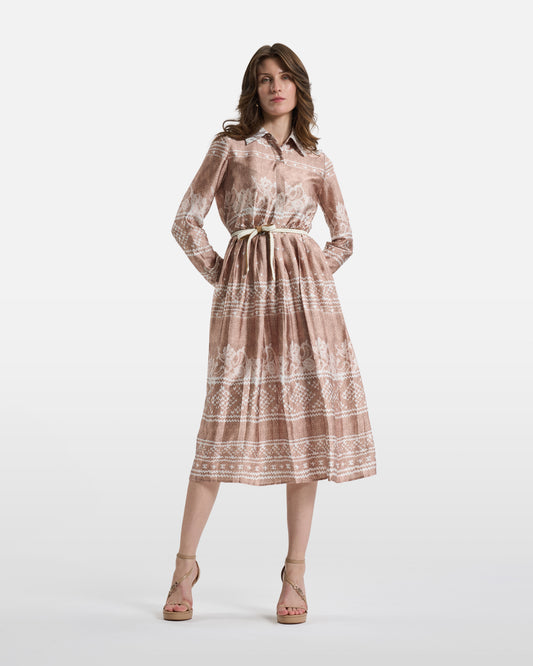 Beige Printed Belted Midi Shirt Dress