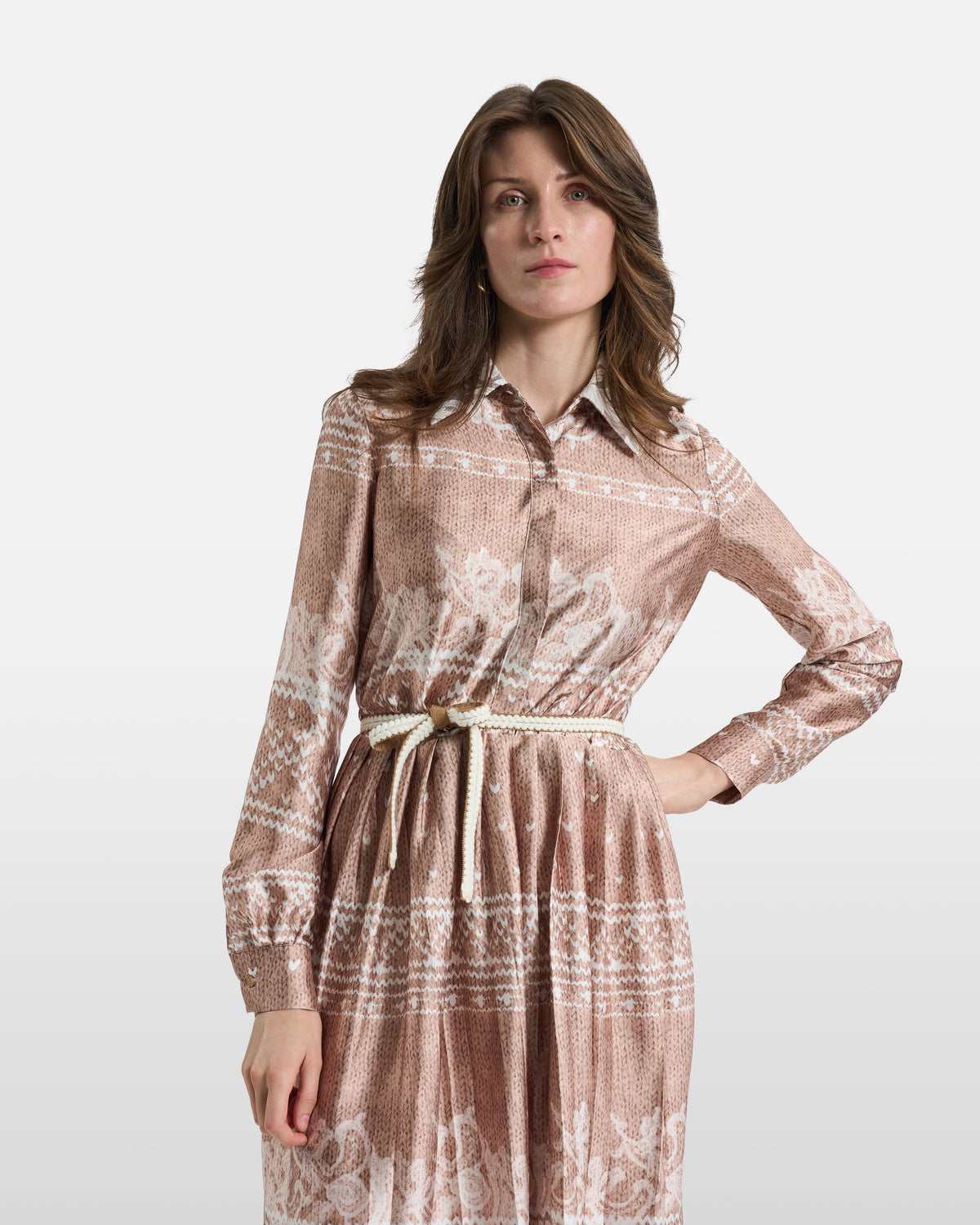 Beige Printed Belted Midi Shirt Dress
