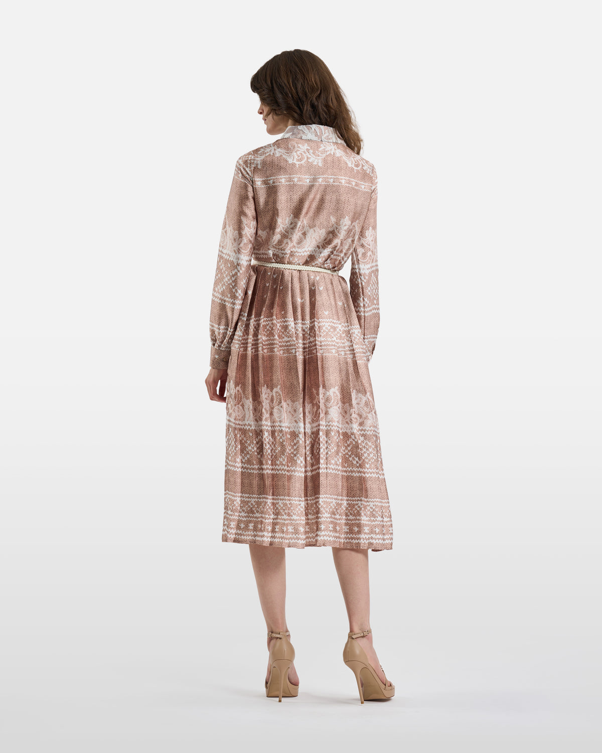 Beige Printed Belted Midi Shirt Dress