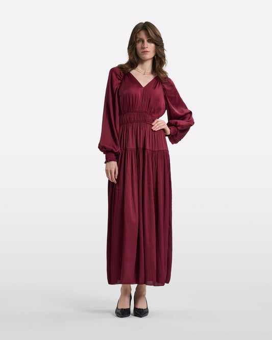 Burgundy Satin V-Neck Tiered Maxi Dress
