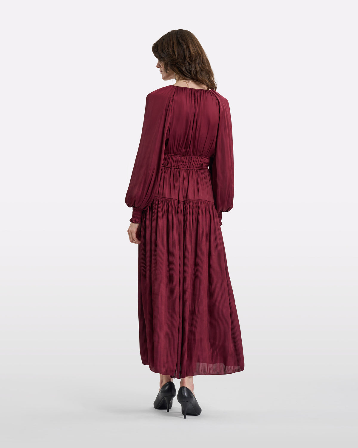 Burgundy Satin V-Neck Tiered Maxi Dress