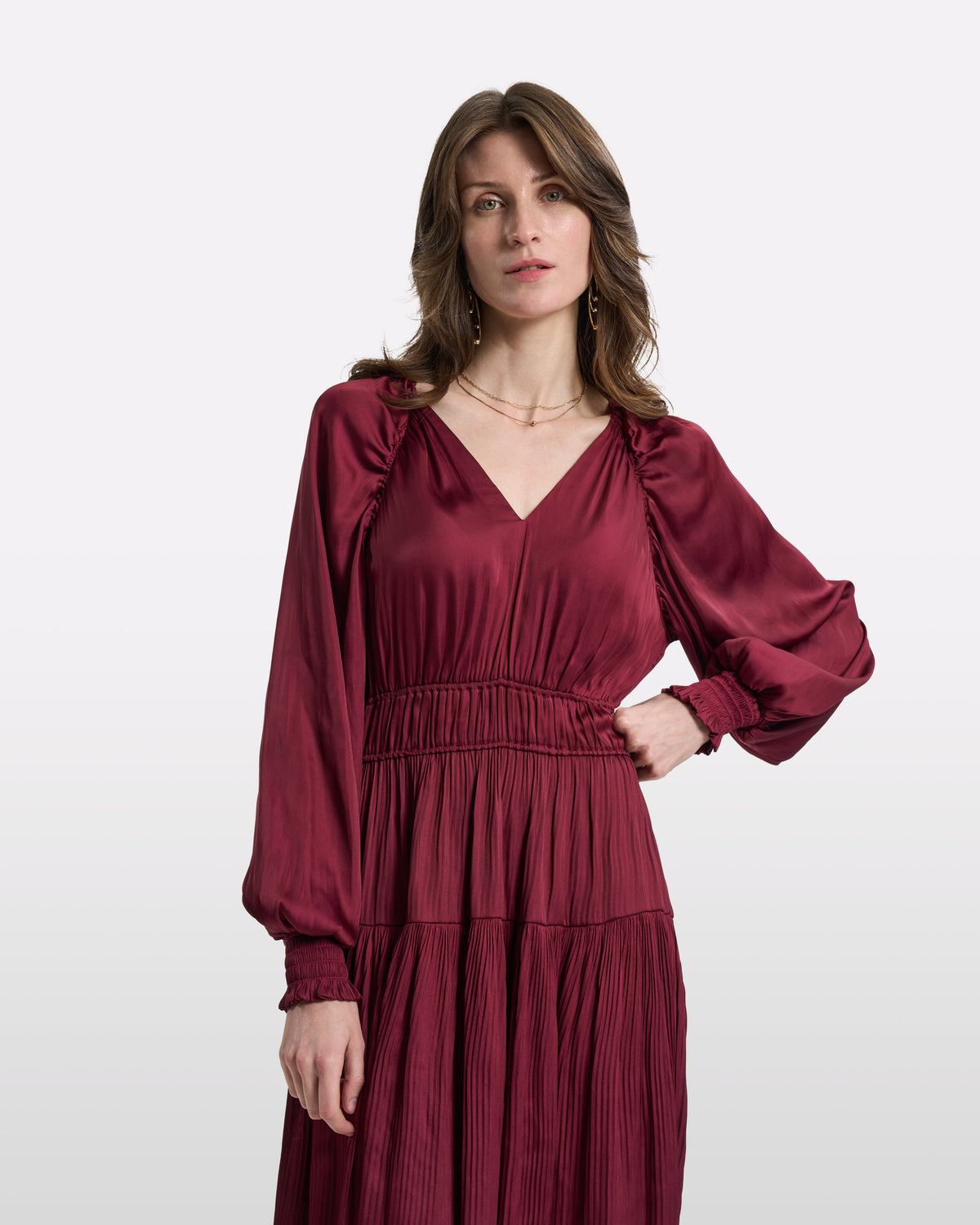 Burgundy Satin V-Neck Tiered Maxi Dress