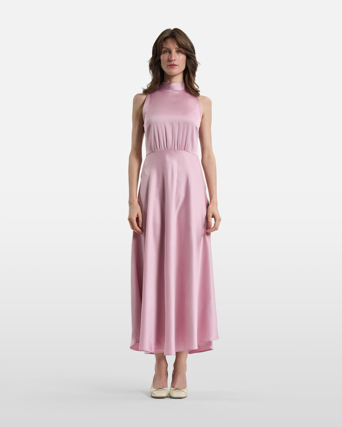 Dusty Pink Textured High-Neck Midi Dress