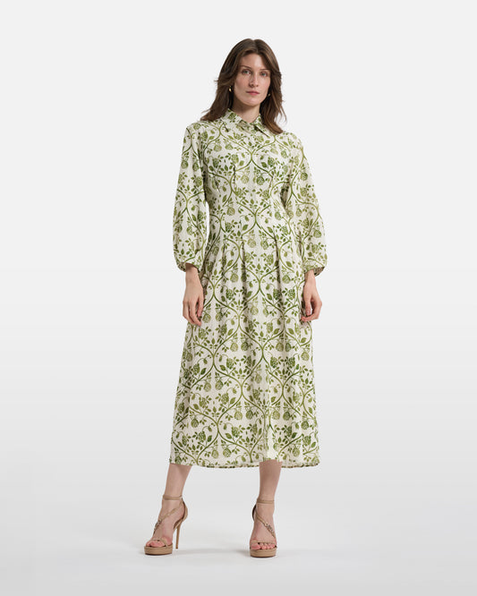 Green Botanical Damask Shirt Dress