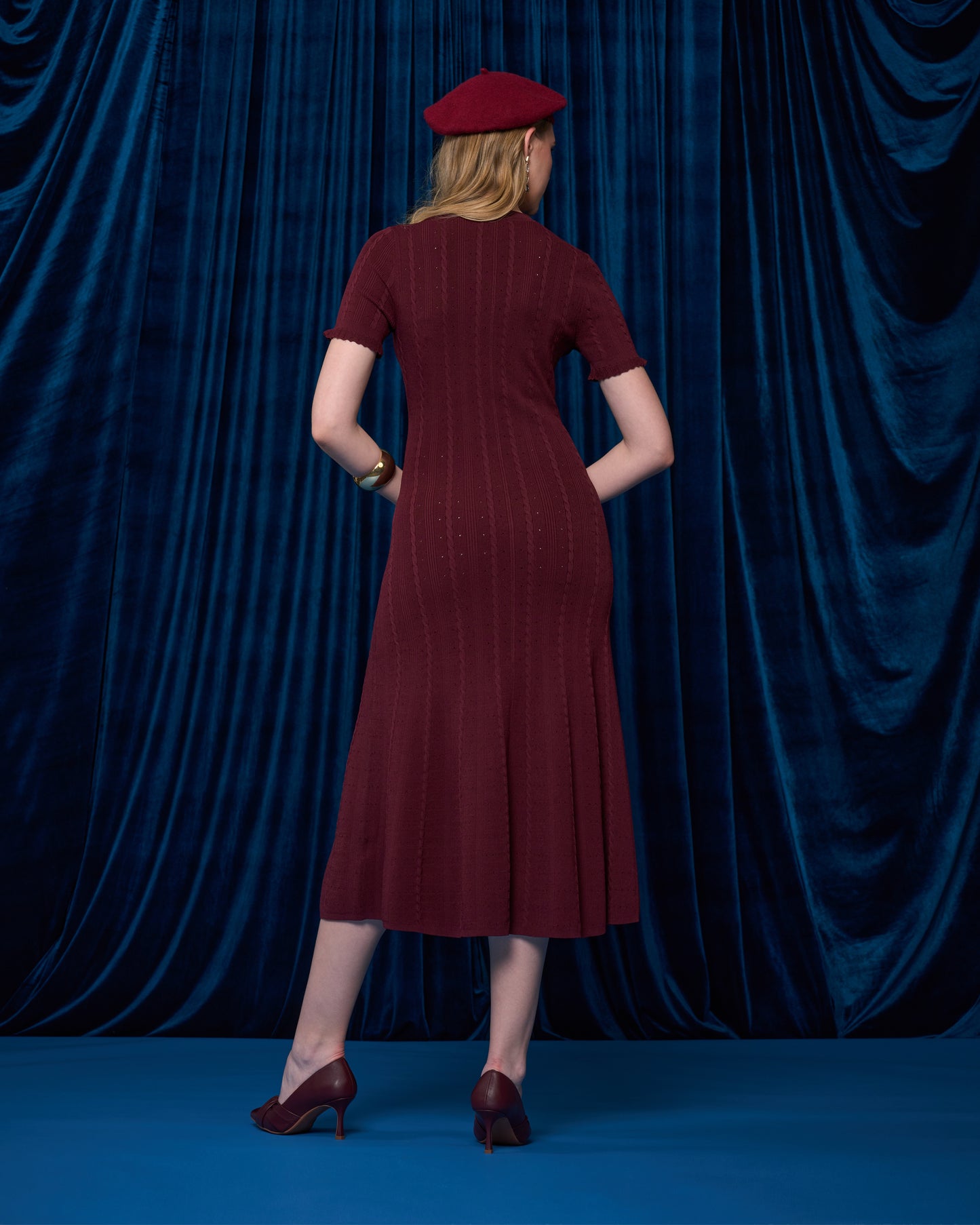 Maroon Knit Button-Front Midi Dress
