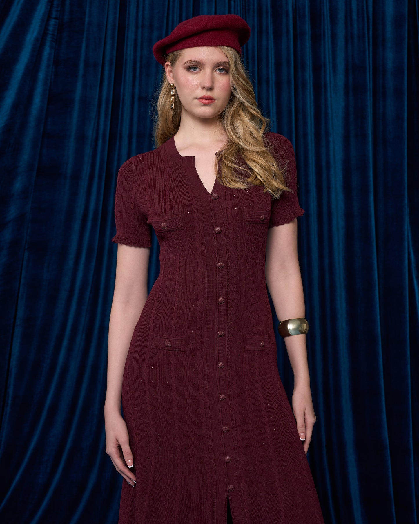 Maroon Knit Button-Front Midi Dress