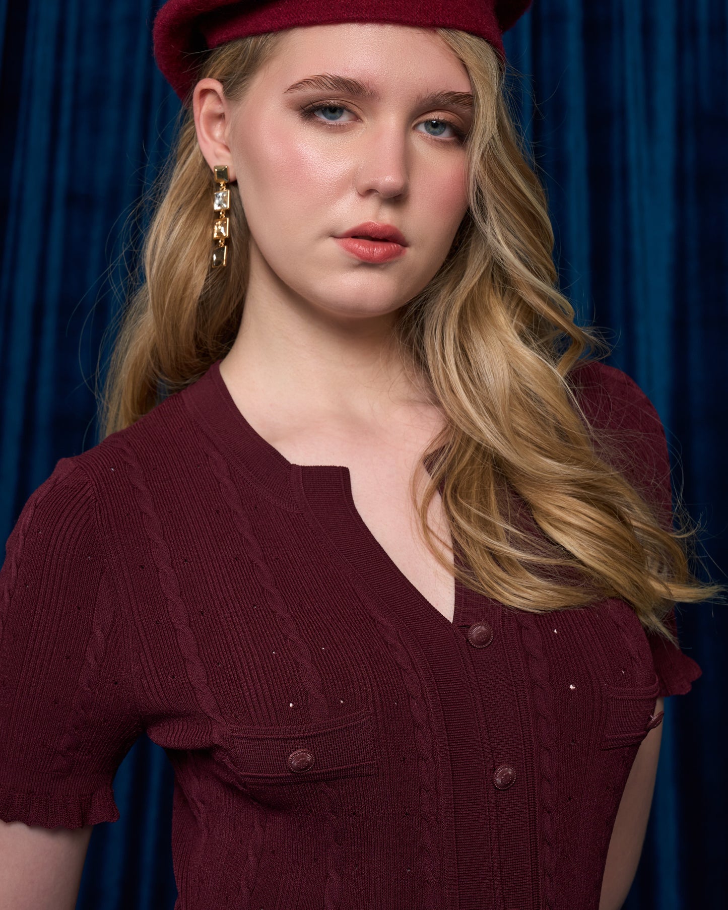 Maroon Knit Button-Front Midi Dress