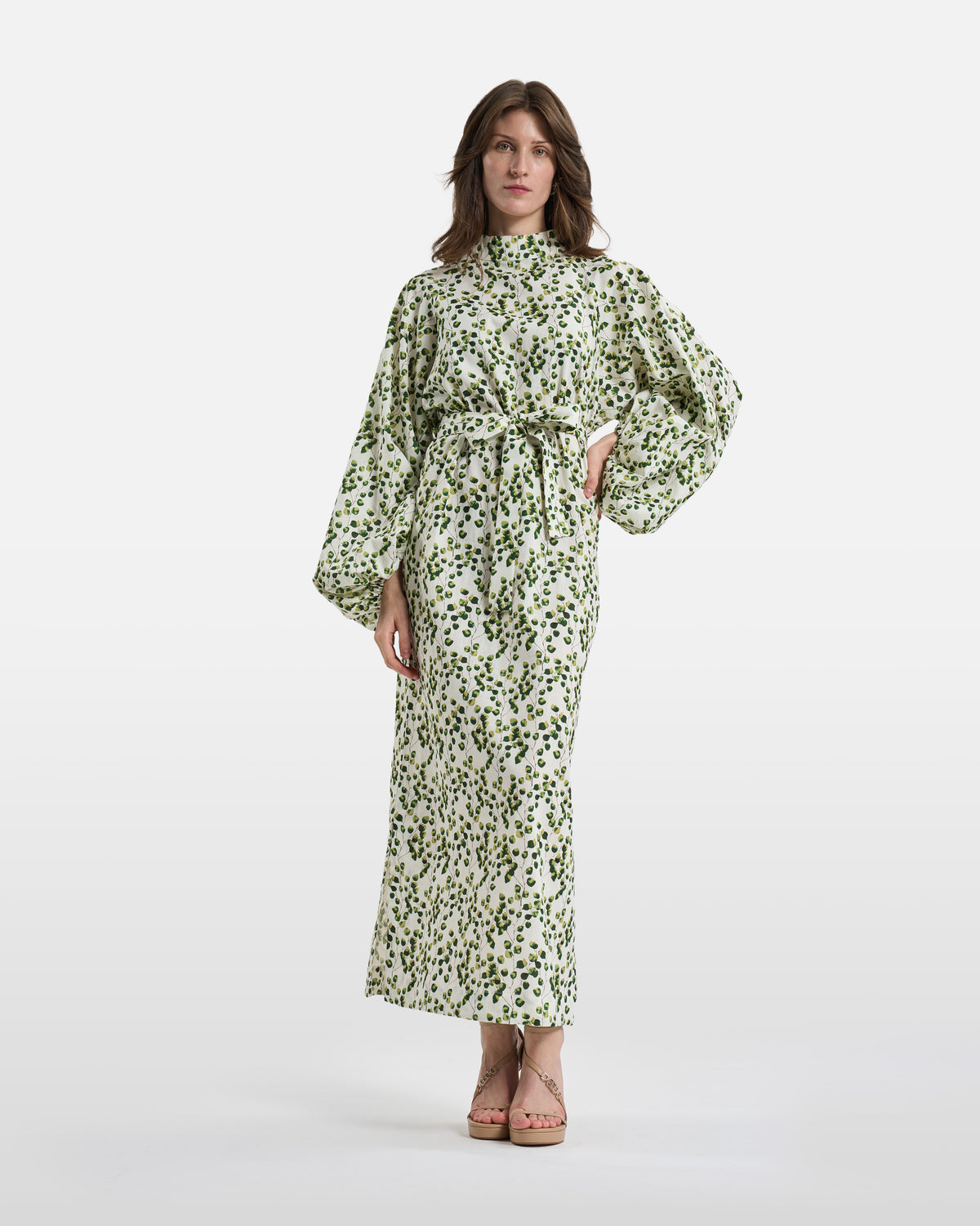 Green Leaf Print Belted Maxi Dress