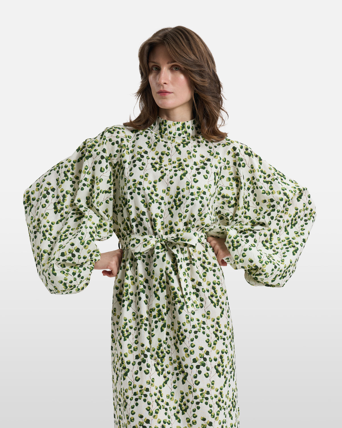 Green Leaf Print Belted Maxi Dress
