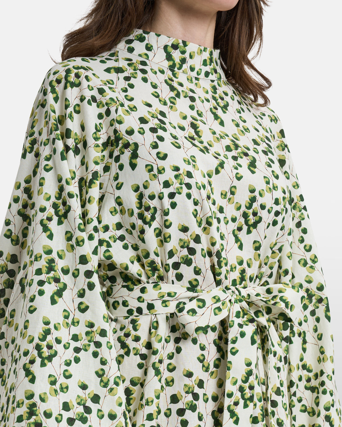 Green Leaf Print Belted Maxi Dress