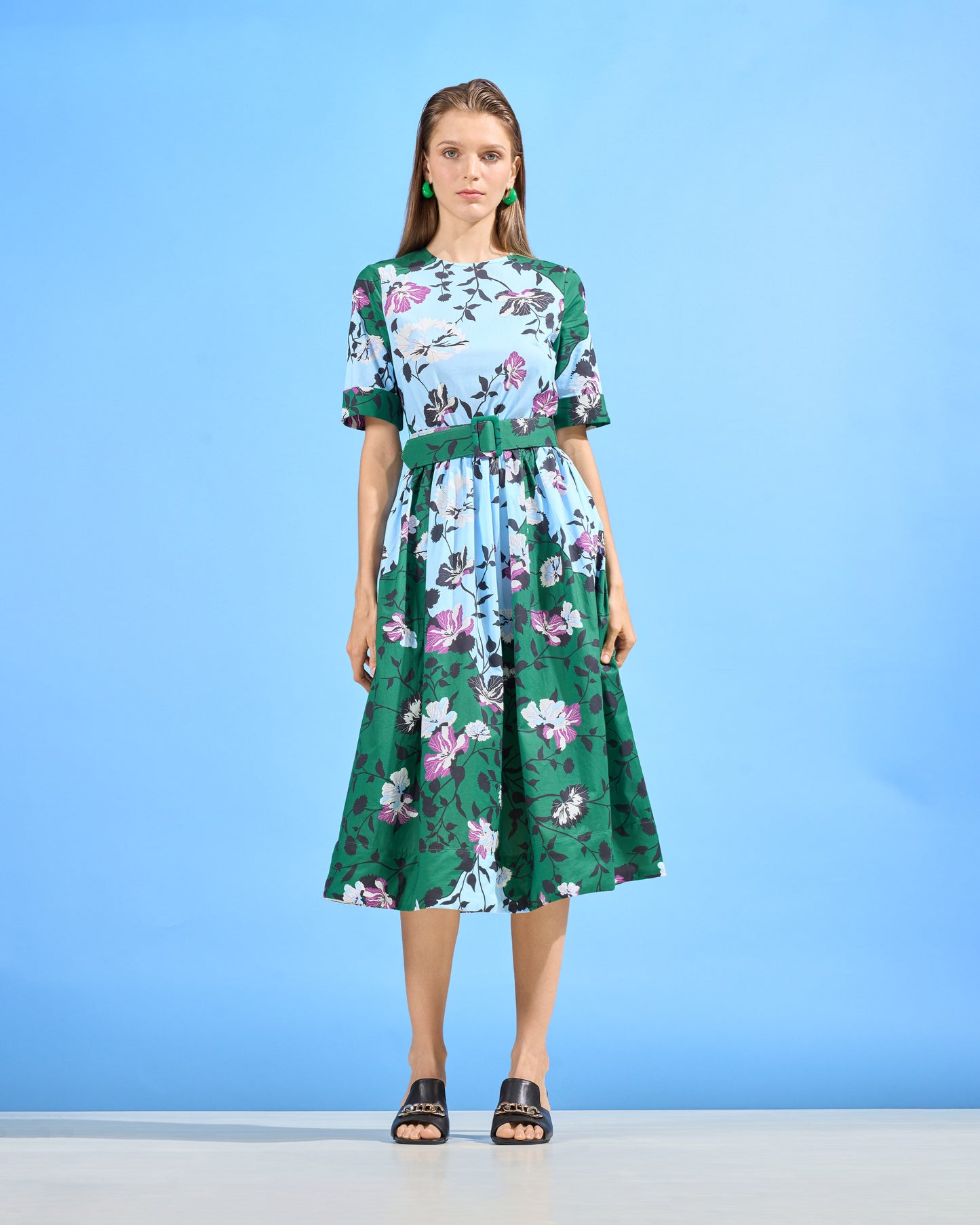 Contrast Floral Fit-and-Flare Dress