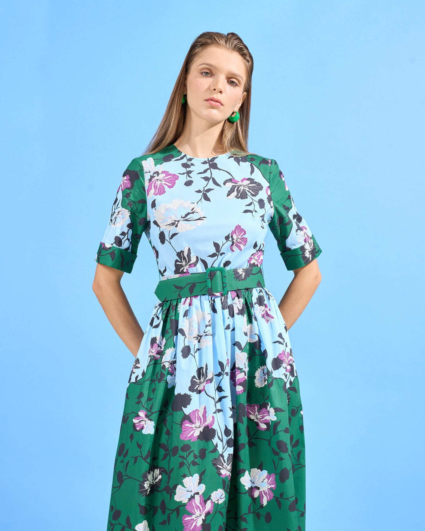 Contrast Floral Fit-and-Flare Dress