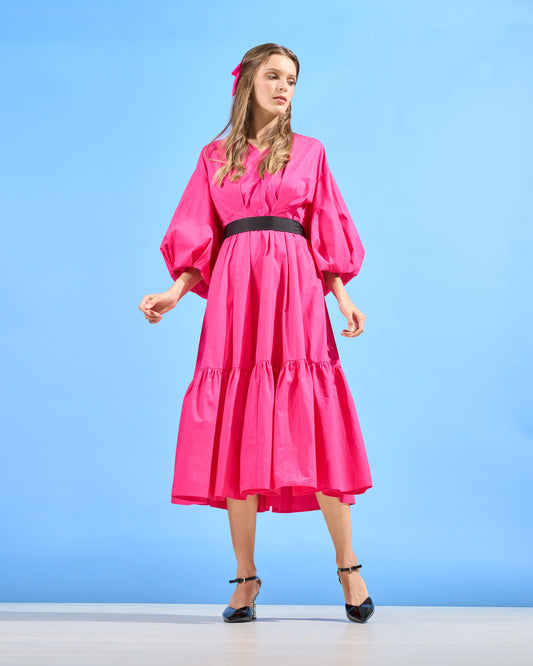Balloon Sleeve Tiered Midi Dress