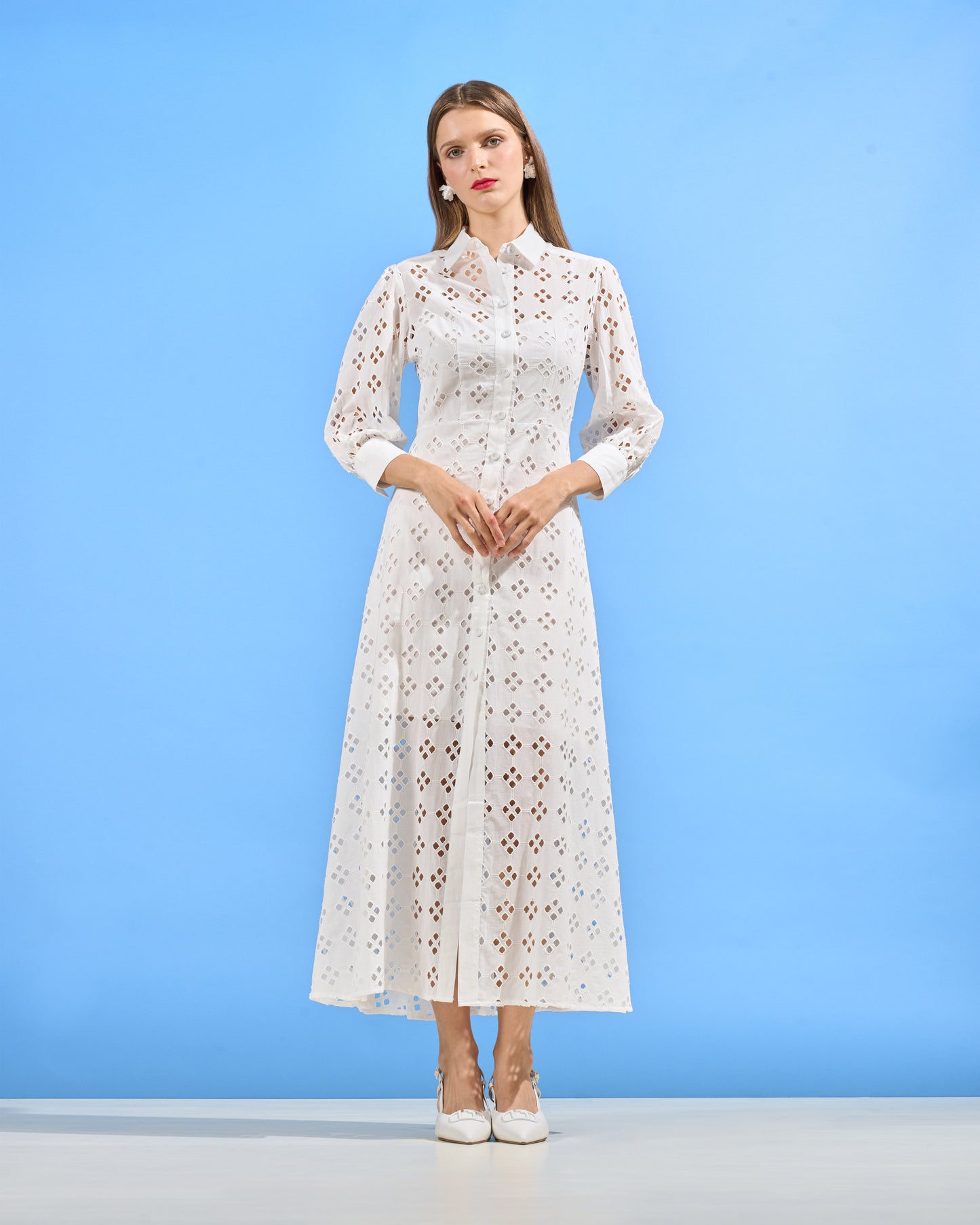Embroidered Cotton Eyelet Shirt Dress