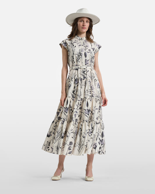 Monochrome Botanical Belted Tiered Maxi Dress