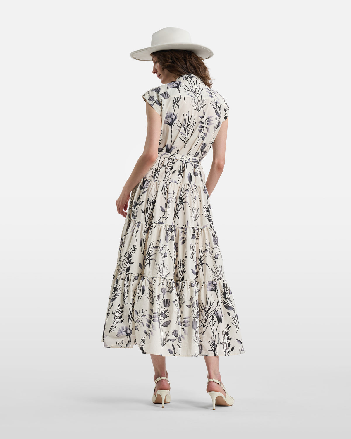 Monochrome Botanical Belted Tiered Maxi Dress