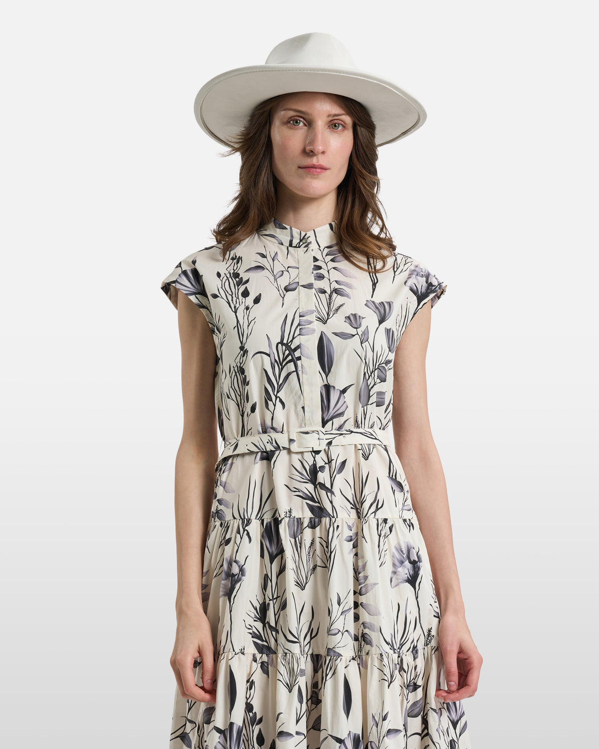 Monochrome Botanical Belted Tiered Maxi Dress