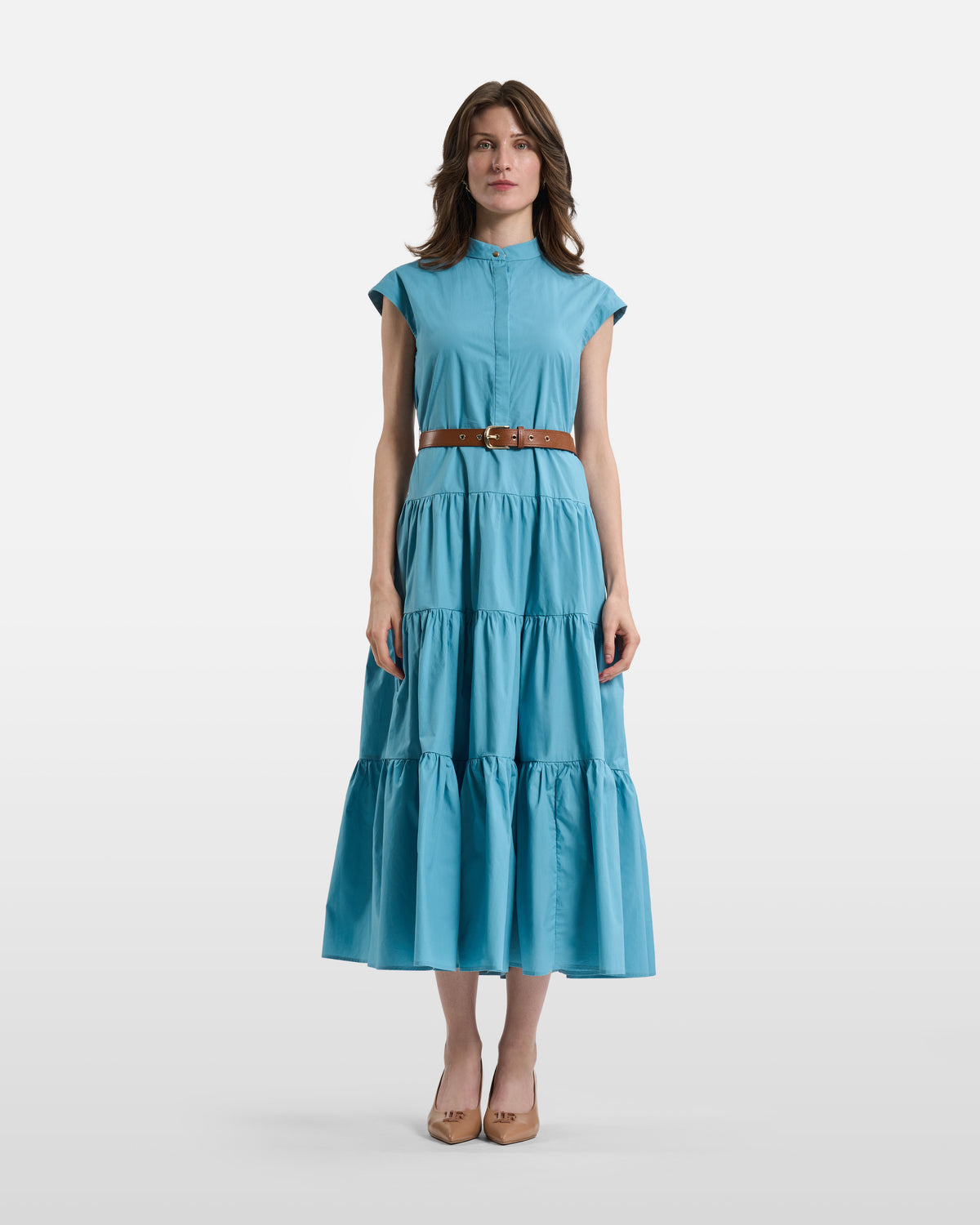 Turquoise Belted Tiered Maxi Dress