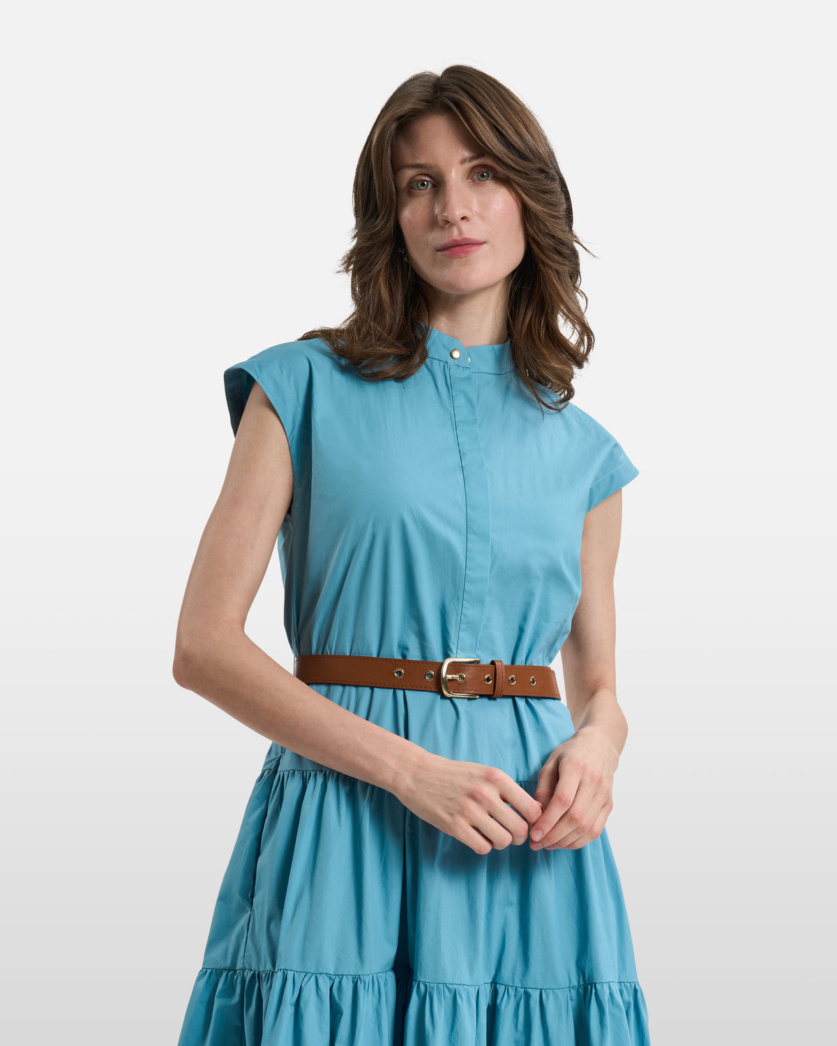 Turquoise Belted Tiered Maxi Dress