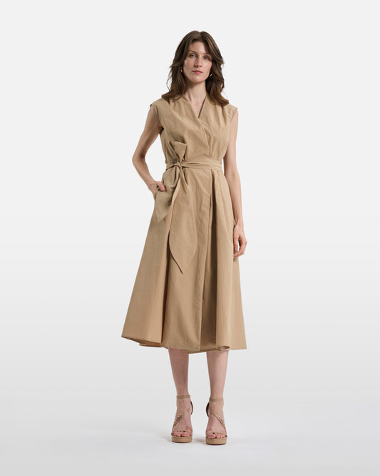 Tan Sleeveless Wrap Midi Dress