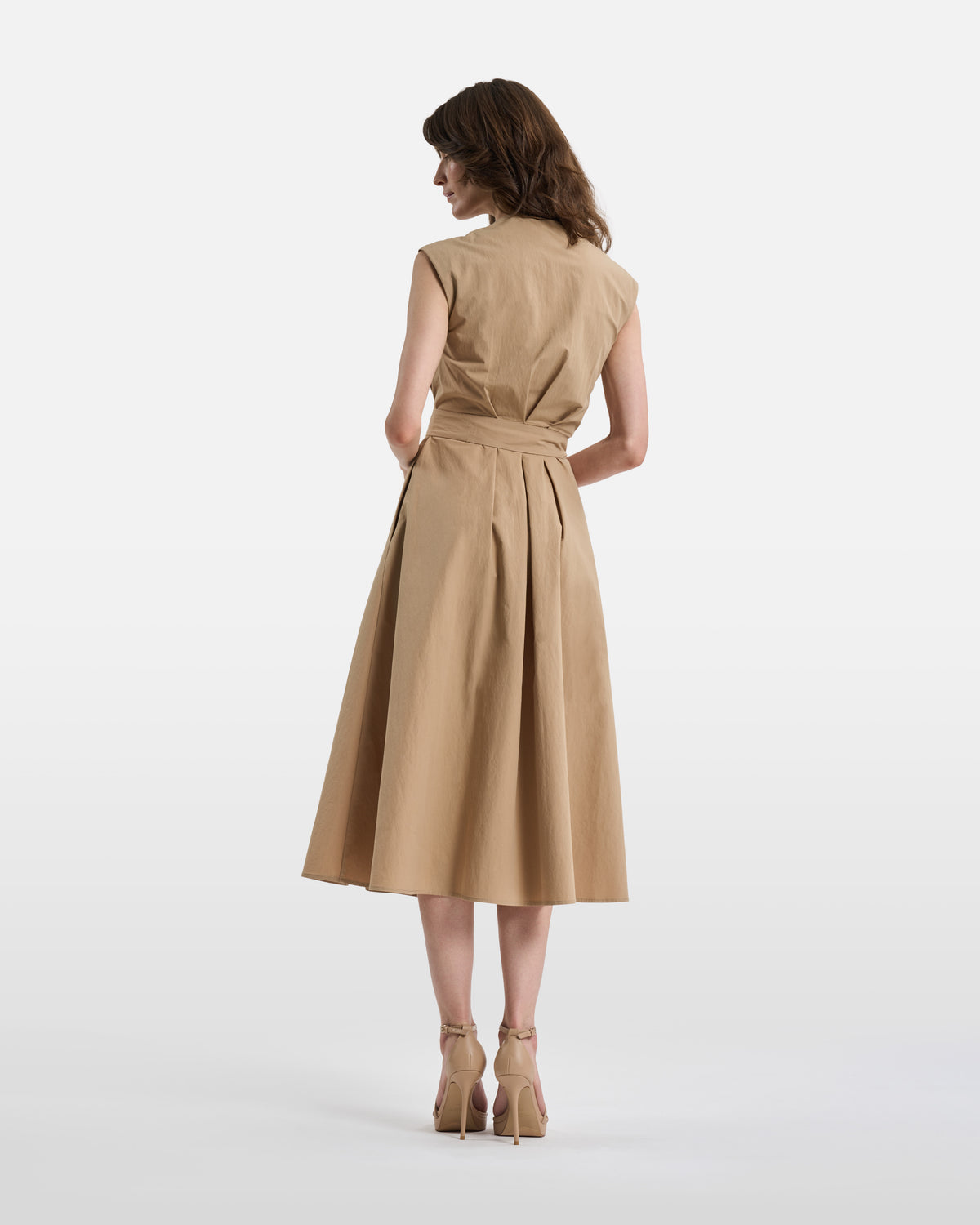 Tan Sleeveless Wrap Midi Dress