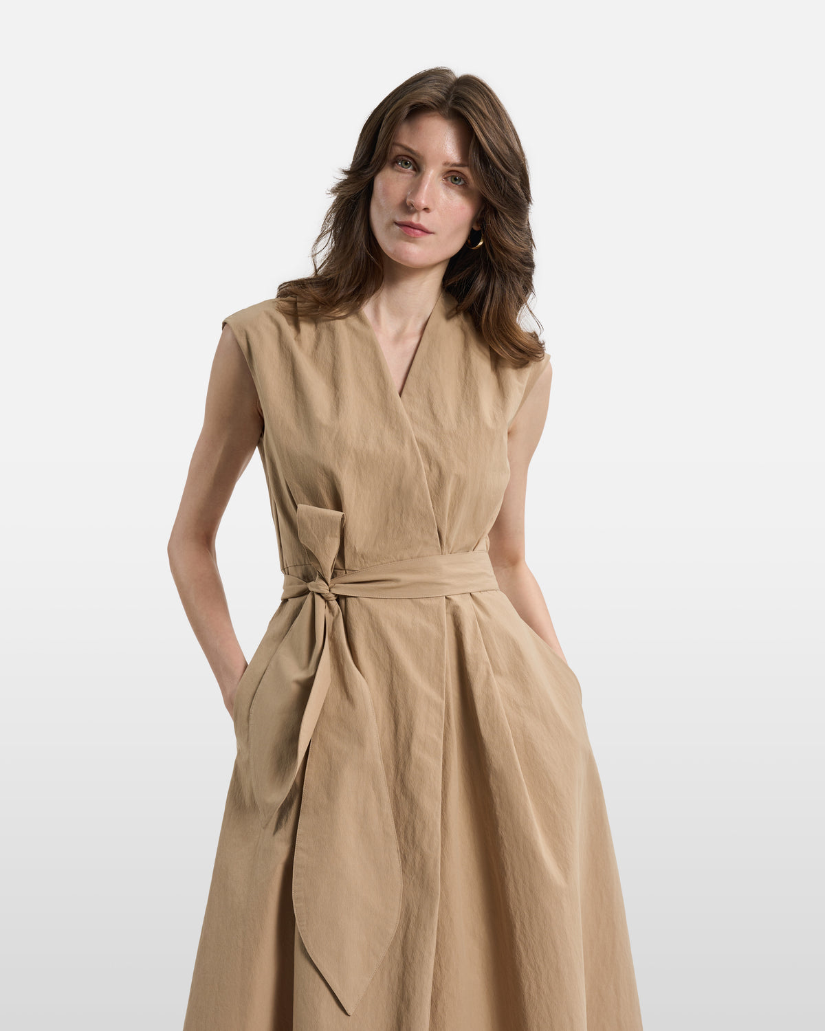 Tan Sleeveless Wrap Midi Dress
