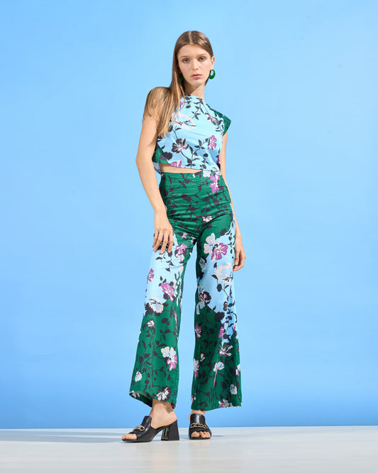 Contrast Floral Wide-Leg Trousers