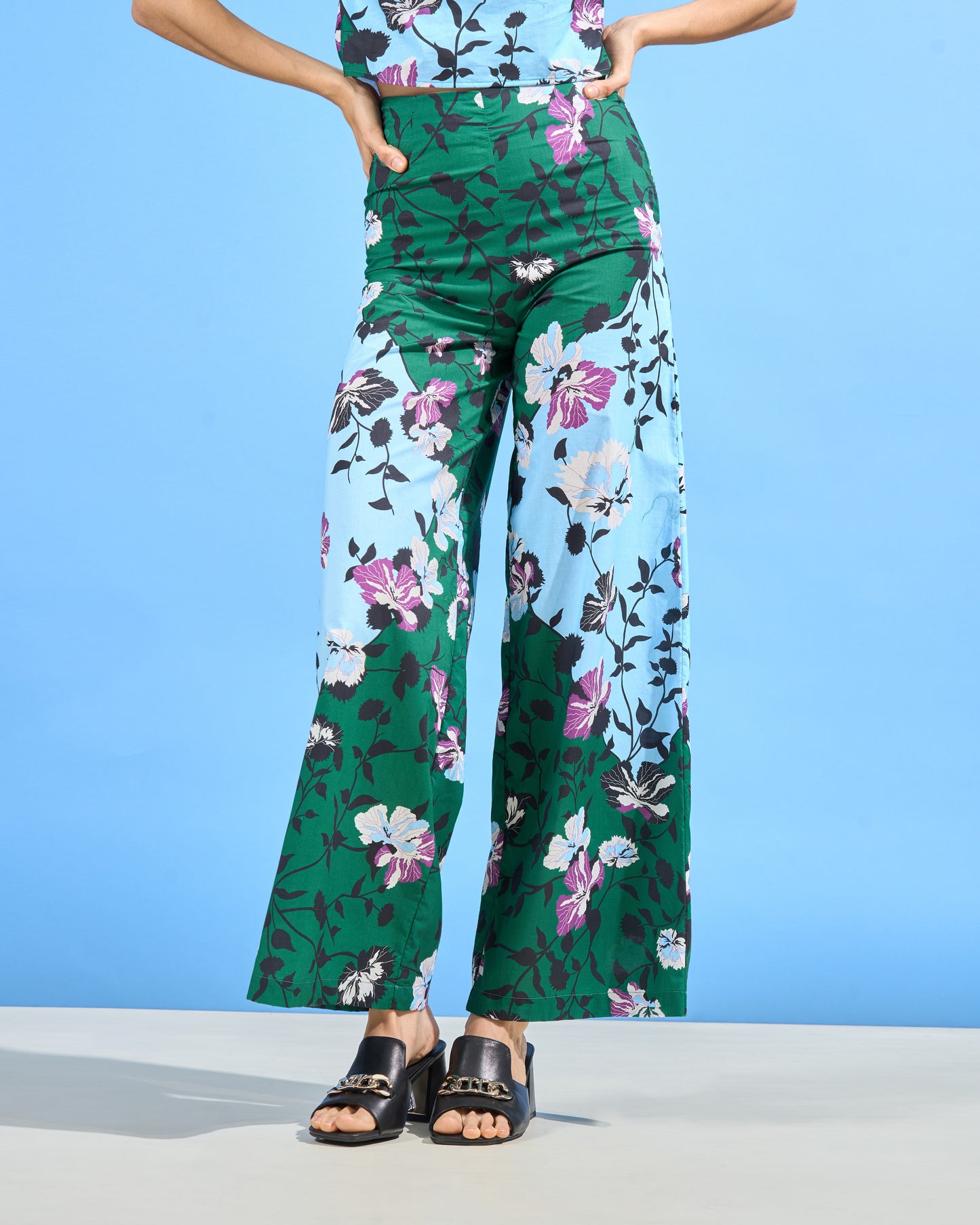 Contrast Floral Wide-Leg Trousers